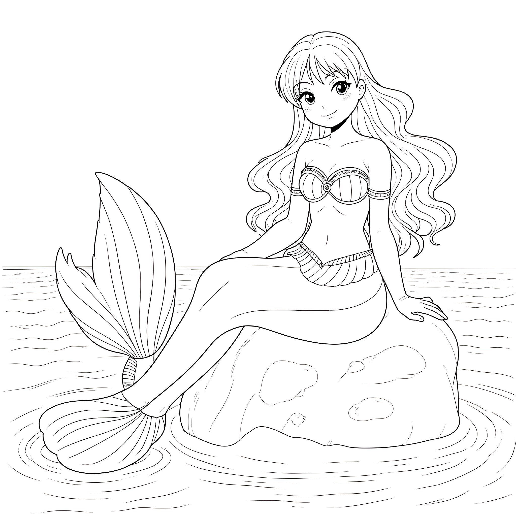 Nezuko the Mermaid Relaxing in the Ocean Coloring Page (free black-and-white line drawing printable PDF for all, from beginners to advanced learners, including children, teens, adults, and seniors)