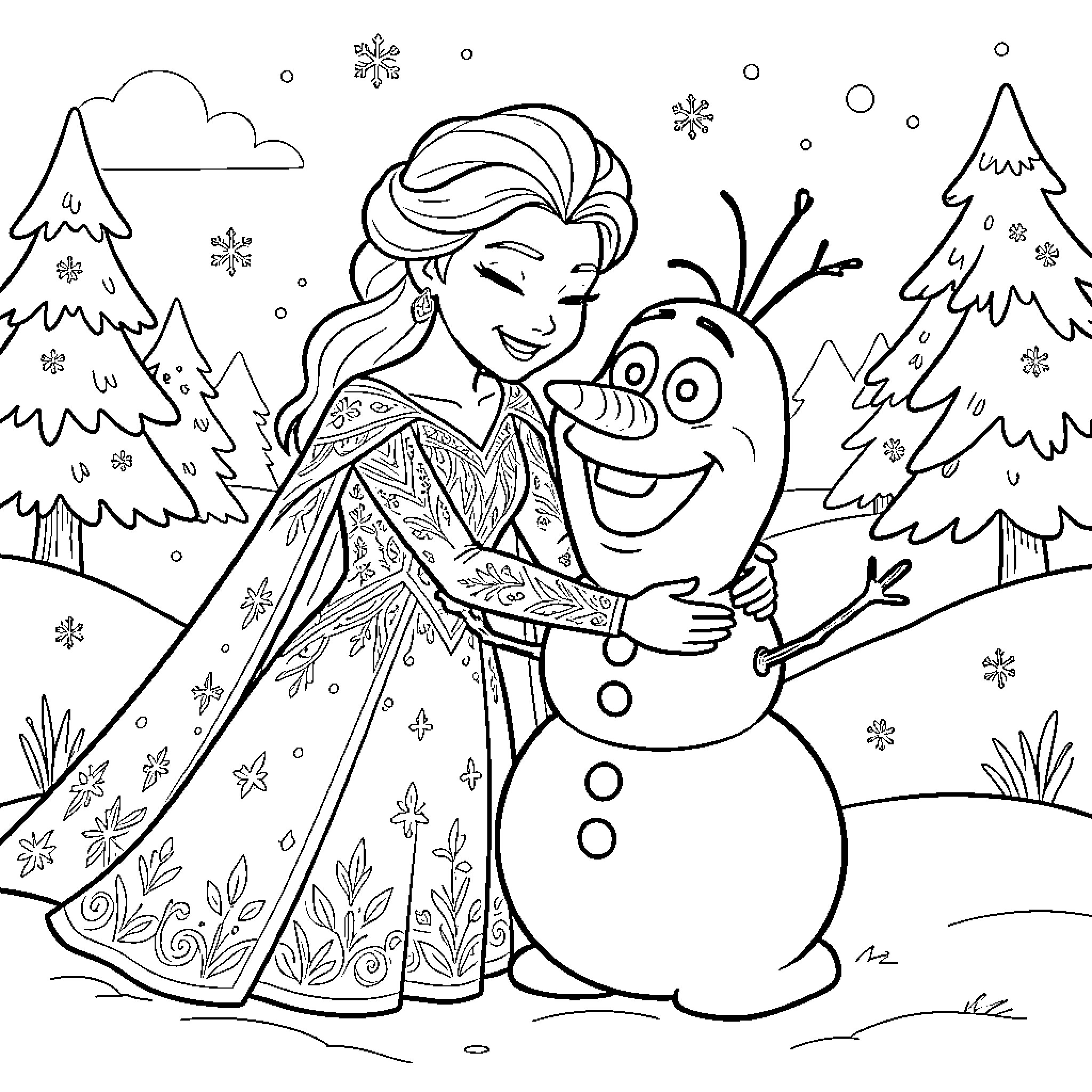 Elsa hugging Olaf in a snowy forest scene Coloring Page (free black-and-white line drawing printable PDF for all, from beginners to advanced learners, including children, teens, adults, and seniors)