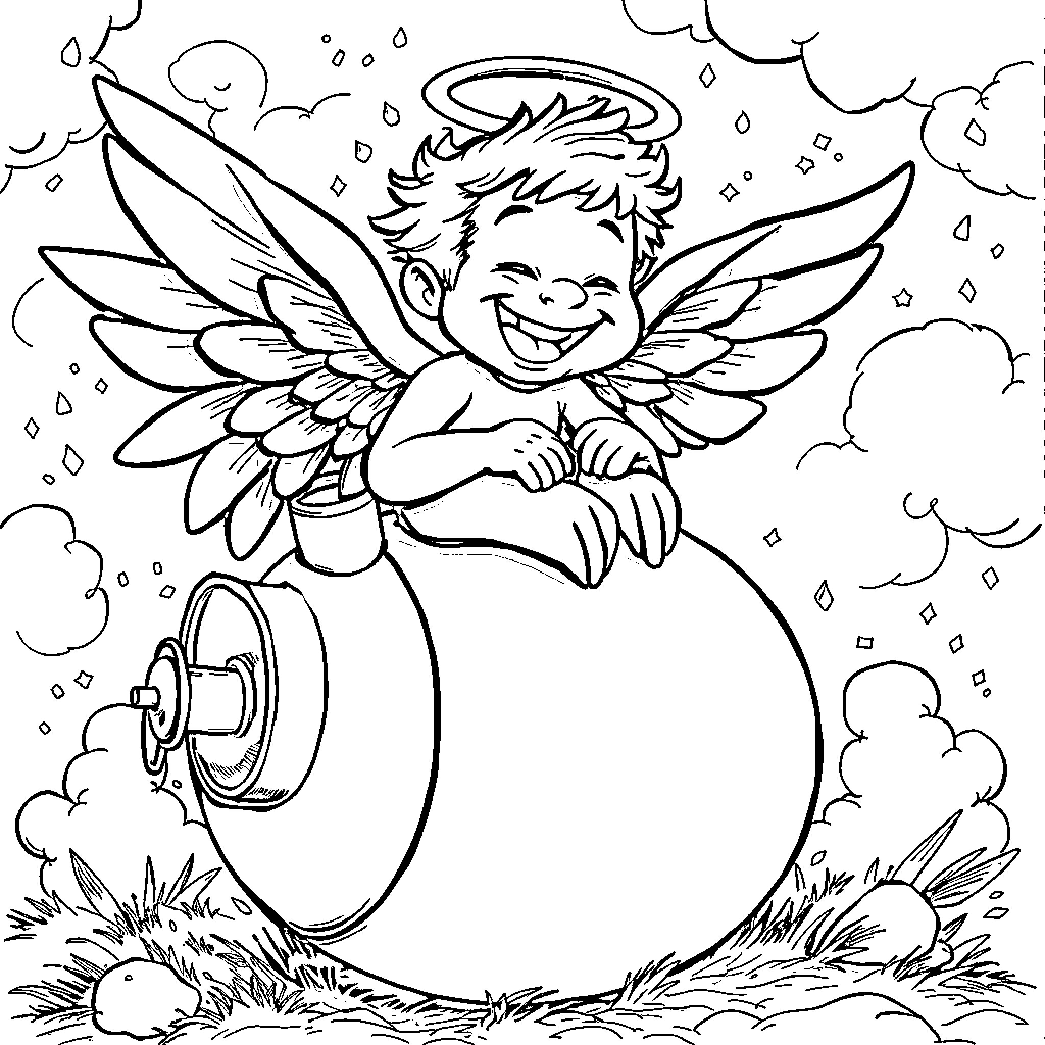 Angel Dust joyfully playing with sparkles and clouds Coloring Page (free black-and-white line drawing printable PDF for all, from beginners to advanced learners, including children, teens, adults, and seniors)