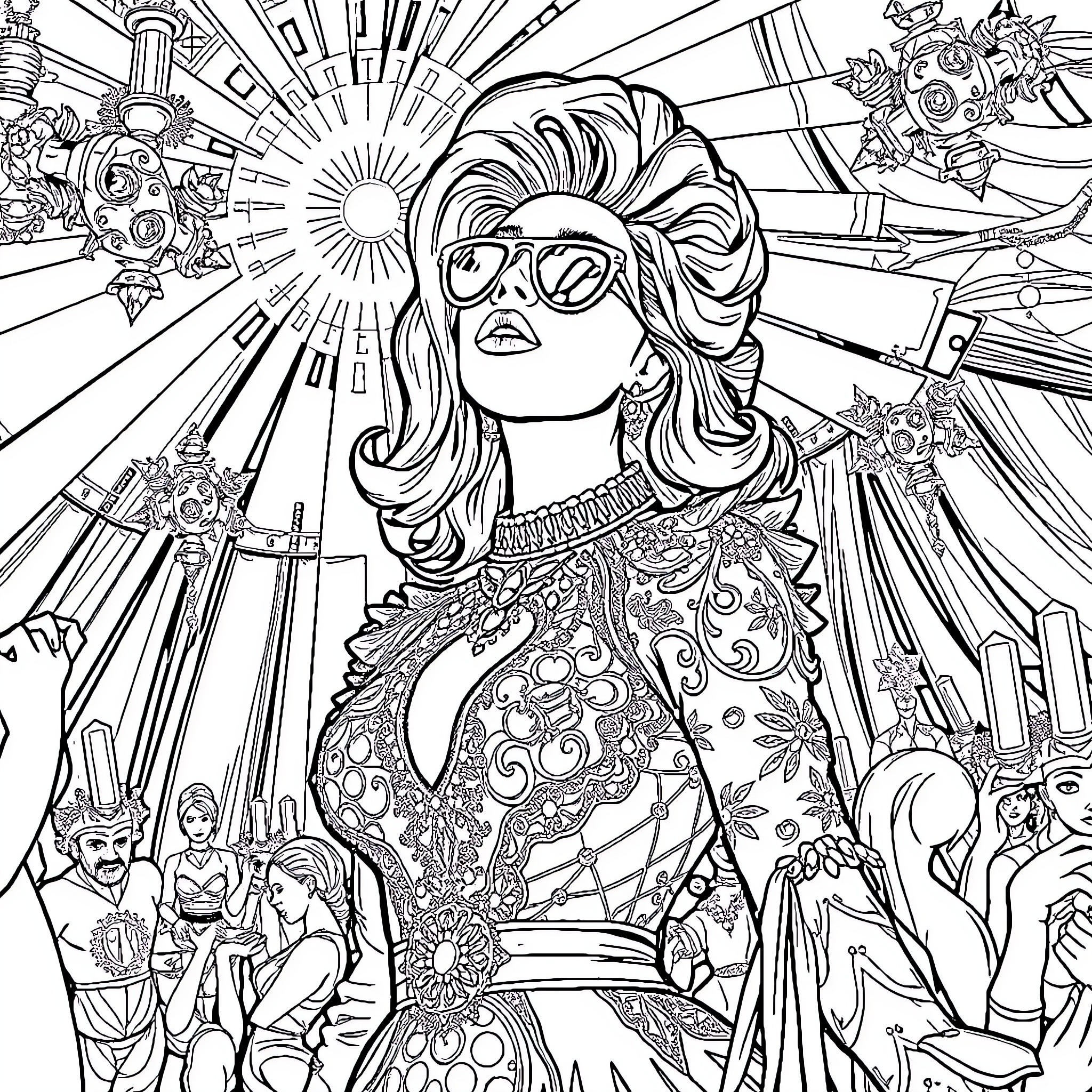 Lady Gaga's Vibrant and Eclectic Performance Coloring Page (free black-and-white line drawing printable PDF for all, from beginners to advanced learners, including children, teens, adults, and seniors)