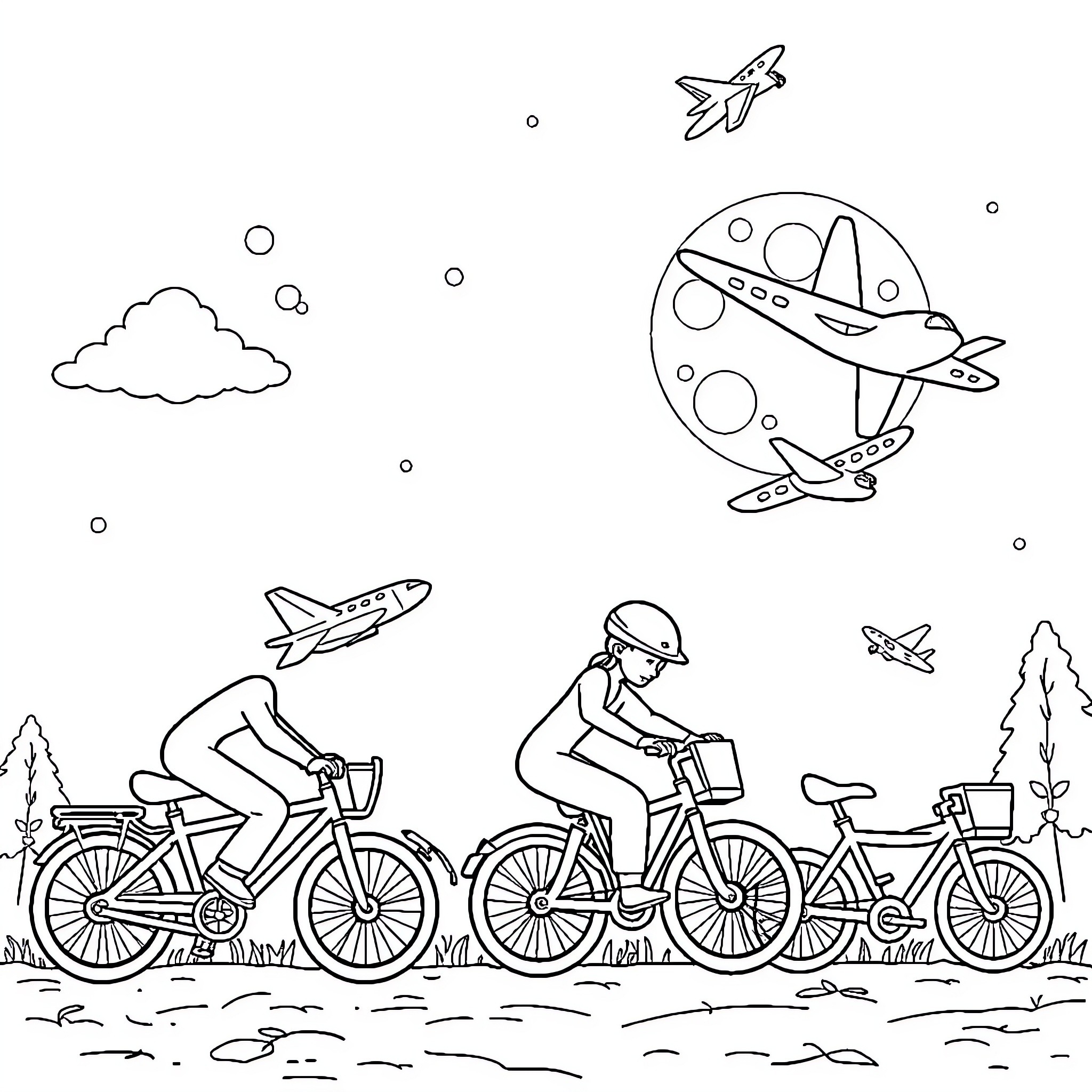 Moon adventure with planes, bikes, and nature Coloring Page (free black-and-white line drawing printable PDF for all, from beginners to advanced learners, including children, teens, adults, and seniors)