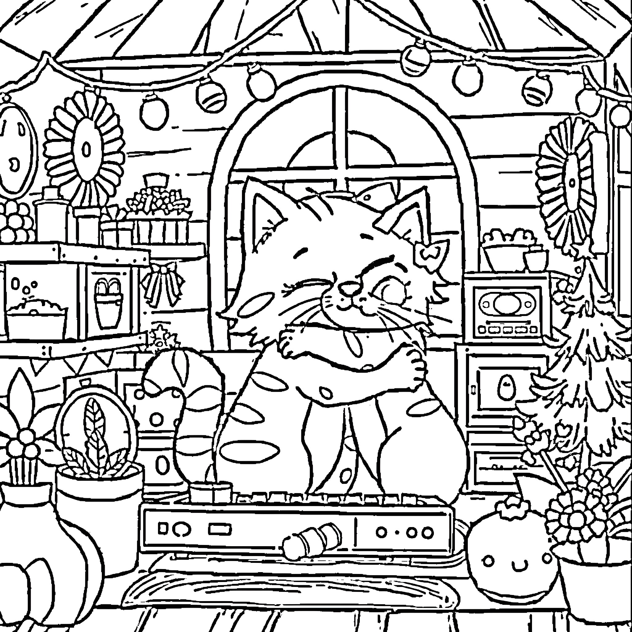 DJ Catnip Grooves in a Vibrant Studio Coloring Page (free black-and-white line drawing printable PDF for all, from beginners to advanced learners, including children, teens, adults, and seniors)