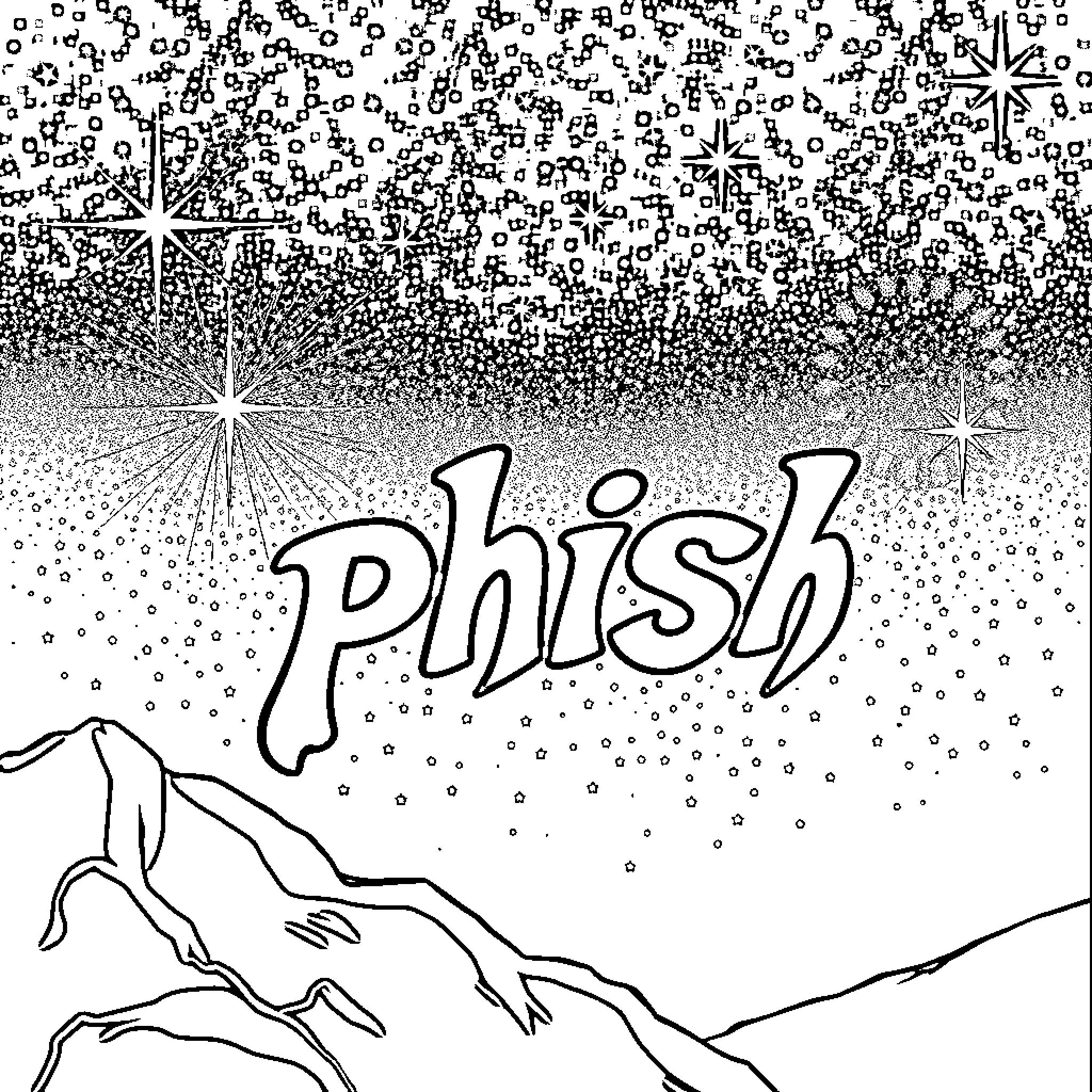 Phish performing on stage under the starry night sky Coloring Page (free black-and-white line drawing printable PDF for all, from beginners to advanced learners, including children, teens, adults, and seniors)