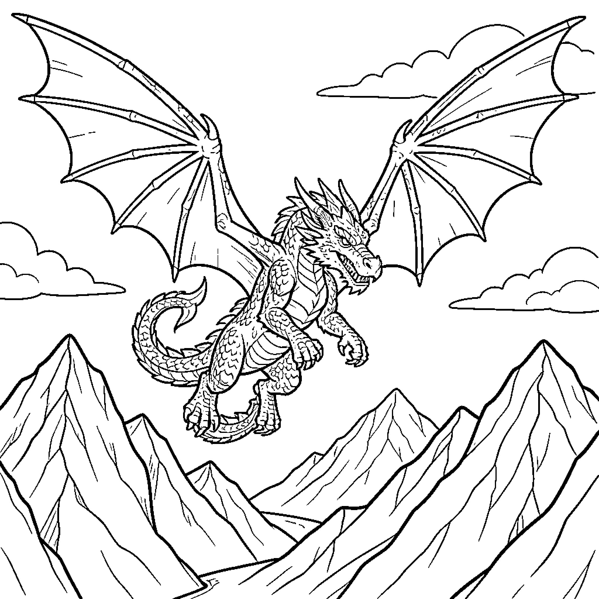 Dragon flying majestically over high mountain peaks Coloring Page (free black-and-white line drawing printable PDF for all, from beginners to advanced learners, including children, teens, adults, and seniors)