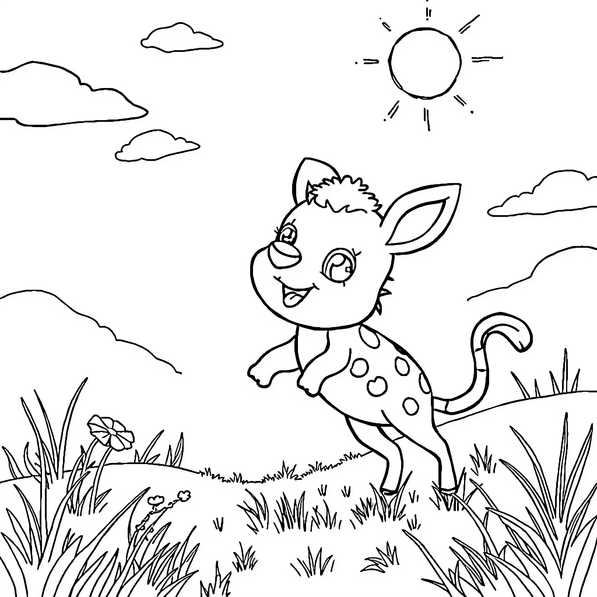 Animal enjoying the sunny day in nature Coloring Page (free black-and-white line drawing printable PDF for all, from beginners to advanced learners, including children, teens, adults, and seniors)