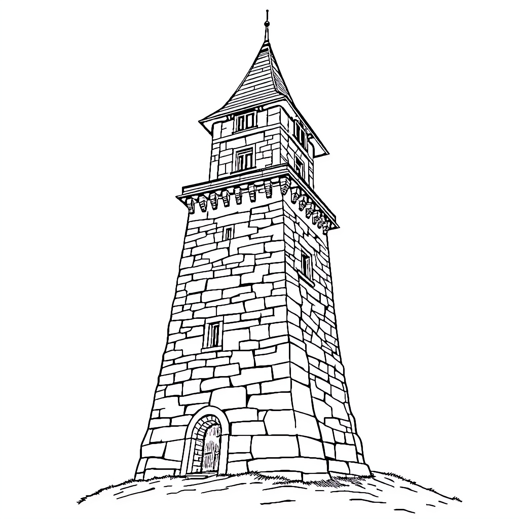 Castle tower with stone architecture and spire Coloring Page (free black-and-white line drawing printable PDF for all, from beginners to advanced learners, including children, teens, adults, and seniors)