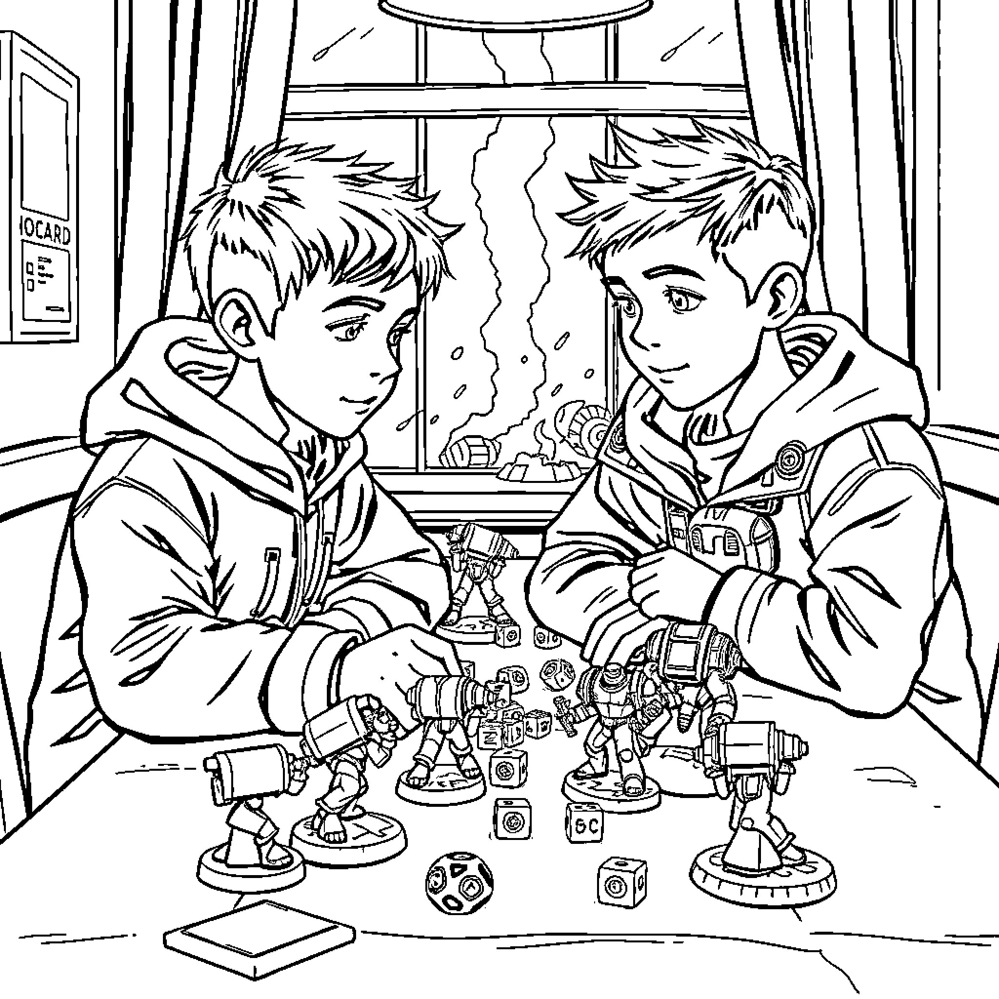 Boys Playing with Toys in the Room Coloring Page (free black-and-white line drawing printable PDF for all, from beginners to advanced learners, including children, teens, adults, and seniors)