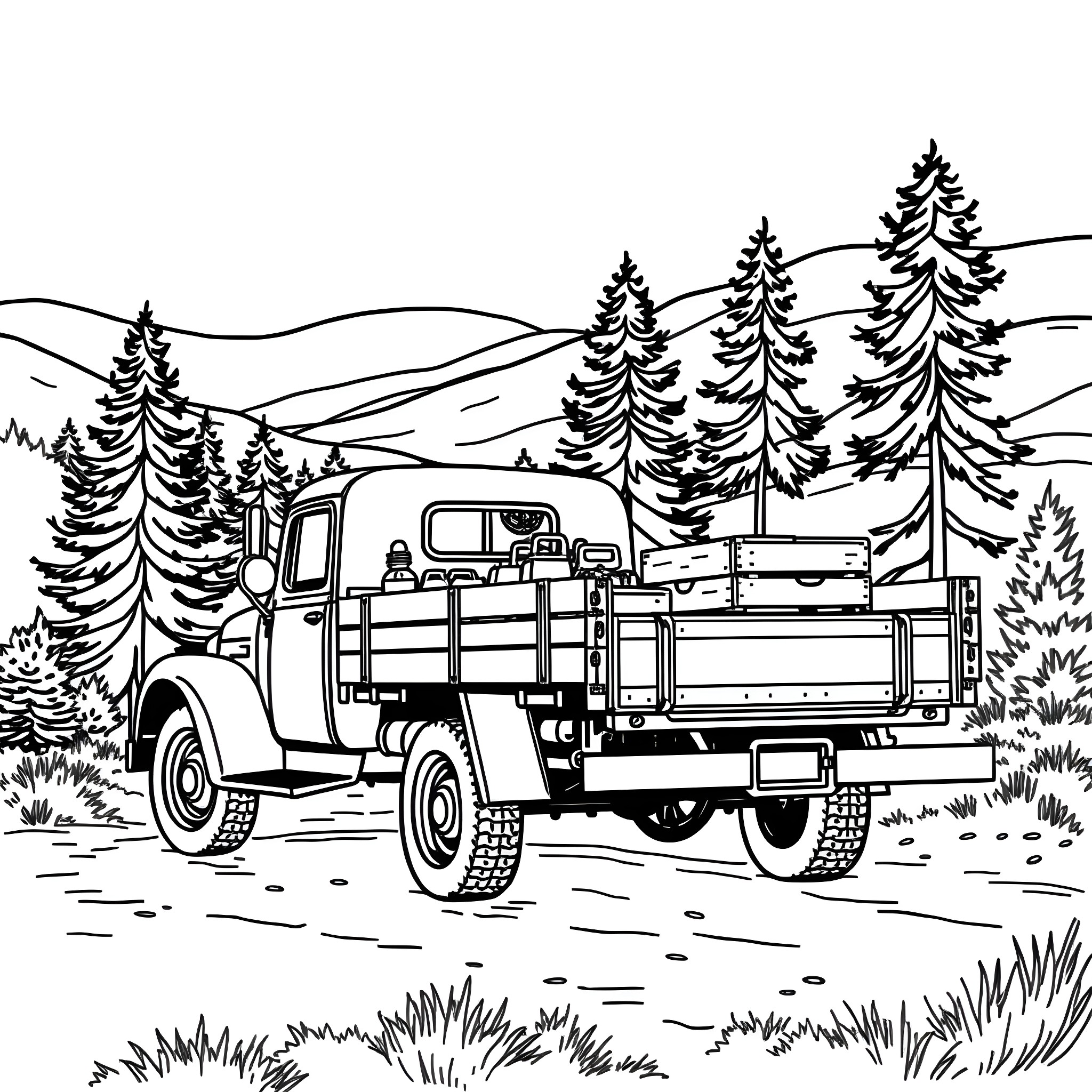 Truck transporting cargo through scenic forest landscape Coloring Page (free black-and-white line drawing printable PDF for all, from beginners to advanced learners, including children, teens, adults, and seniors)