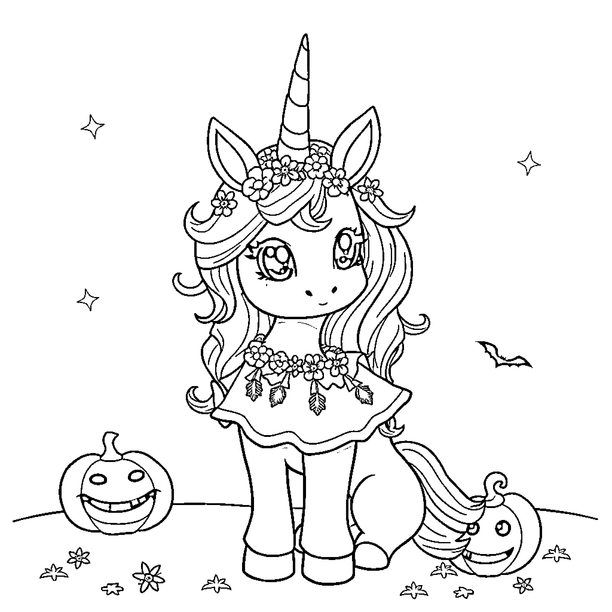 Unicorn in whimsical costume and setting Coloring Page (free black-and-white line drawing printable PDF for all, from beginners to advanced learners, including children, teens, adults, and seniors)