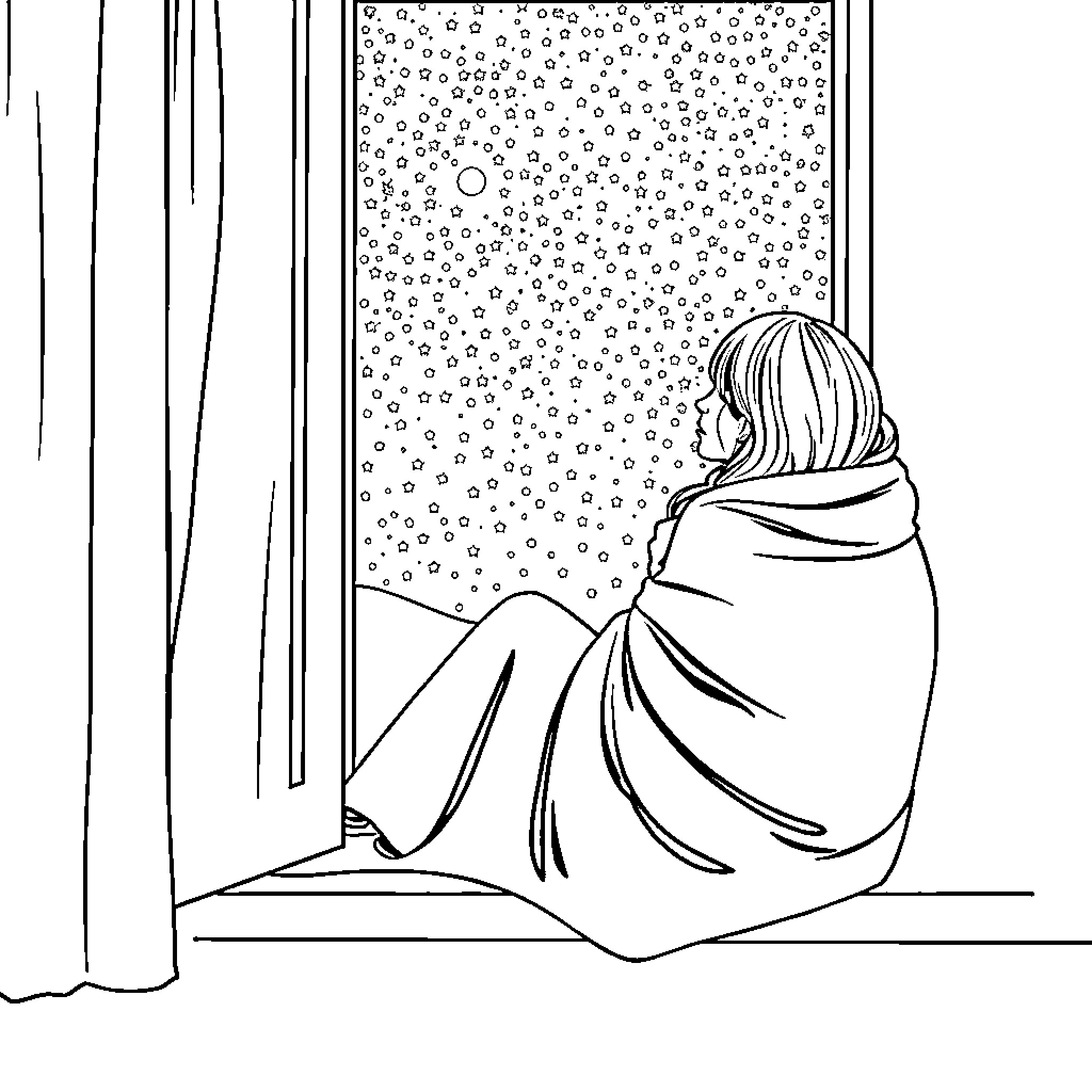 Woman gazing out the window on a snowy day Coloring Page (free black-and-white line drawing printable PDF for all, from beginners to advanced learners, including children, teens, adults, and seniors)