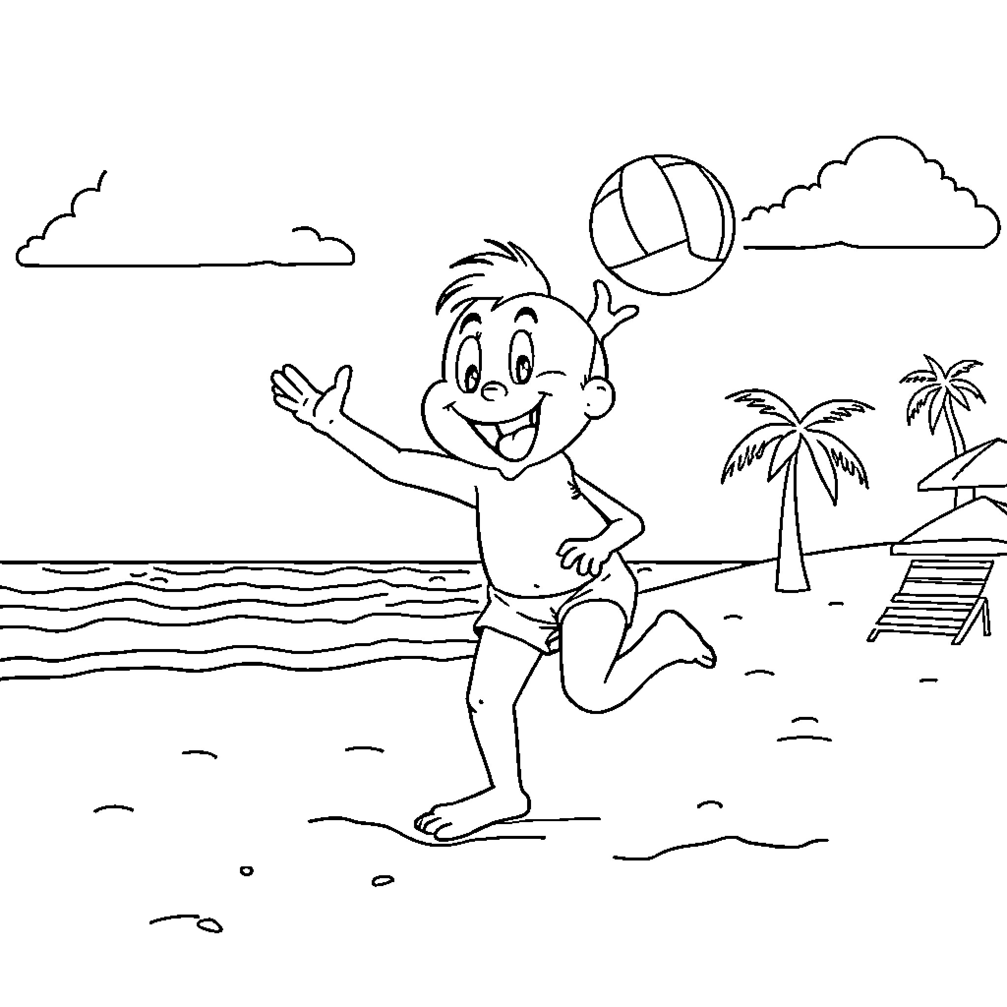 Plimplim's Beachside Ball Adventure Coloring Page (free black-and-white line drawing printable PDF for all, from beginners to advanced learners, including children, teens, adults, and seniors)