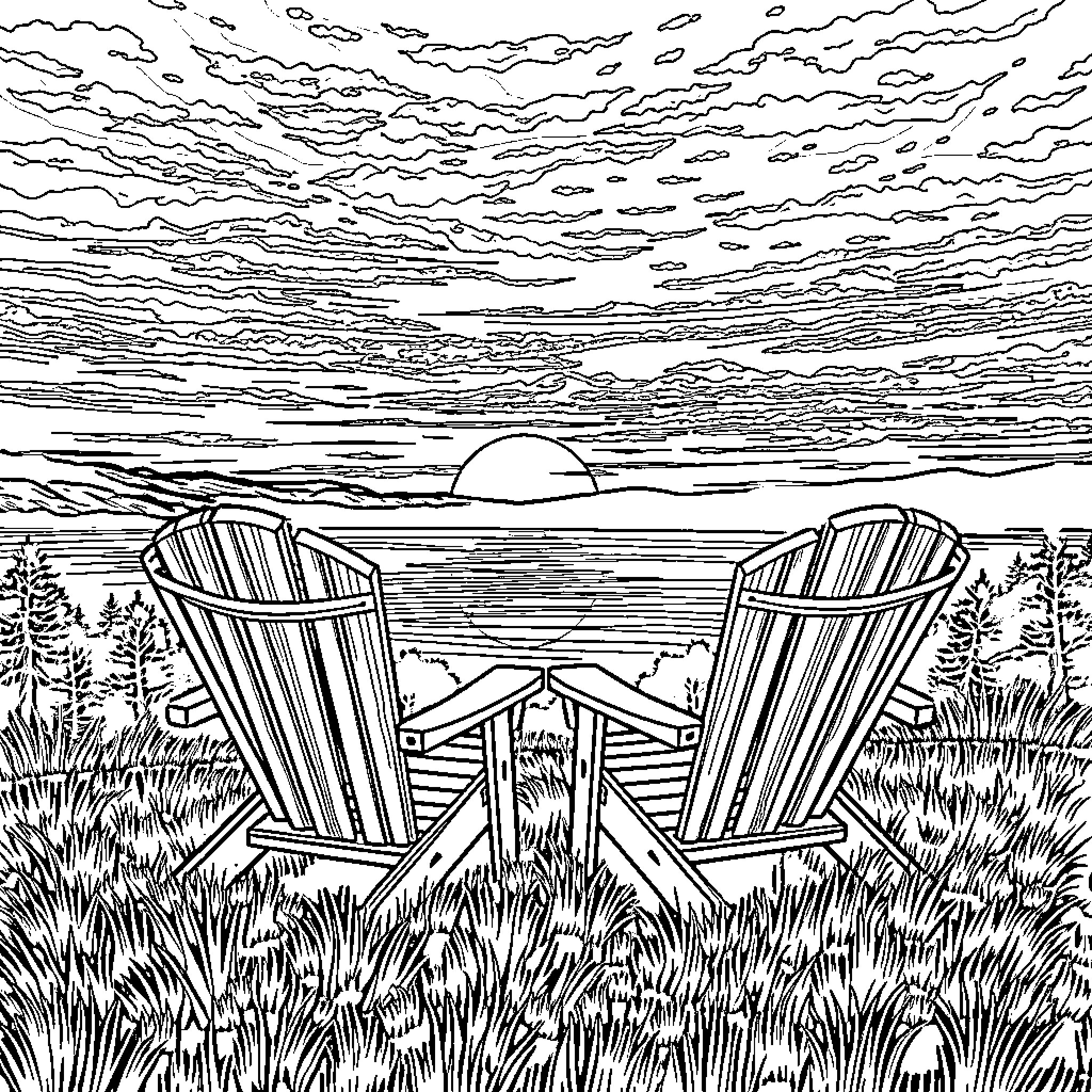 Chairs facing sunset by the lake Coloring Page (free black-and-white line drawing printable PDF for all, from beginners to advanced learners, including children, teens, adults, and seniors)