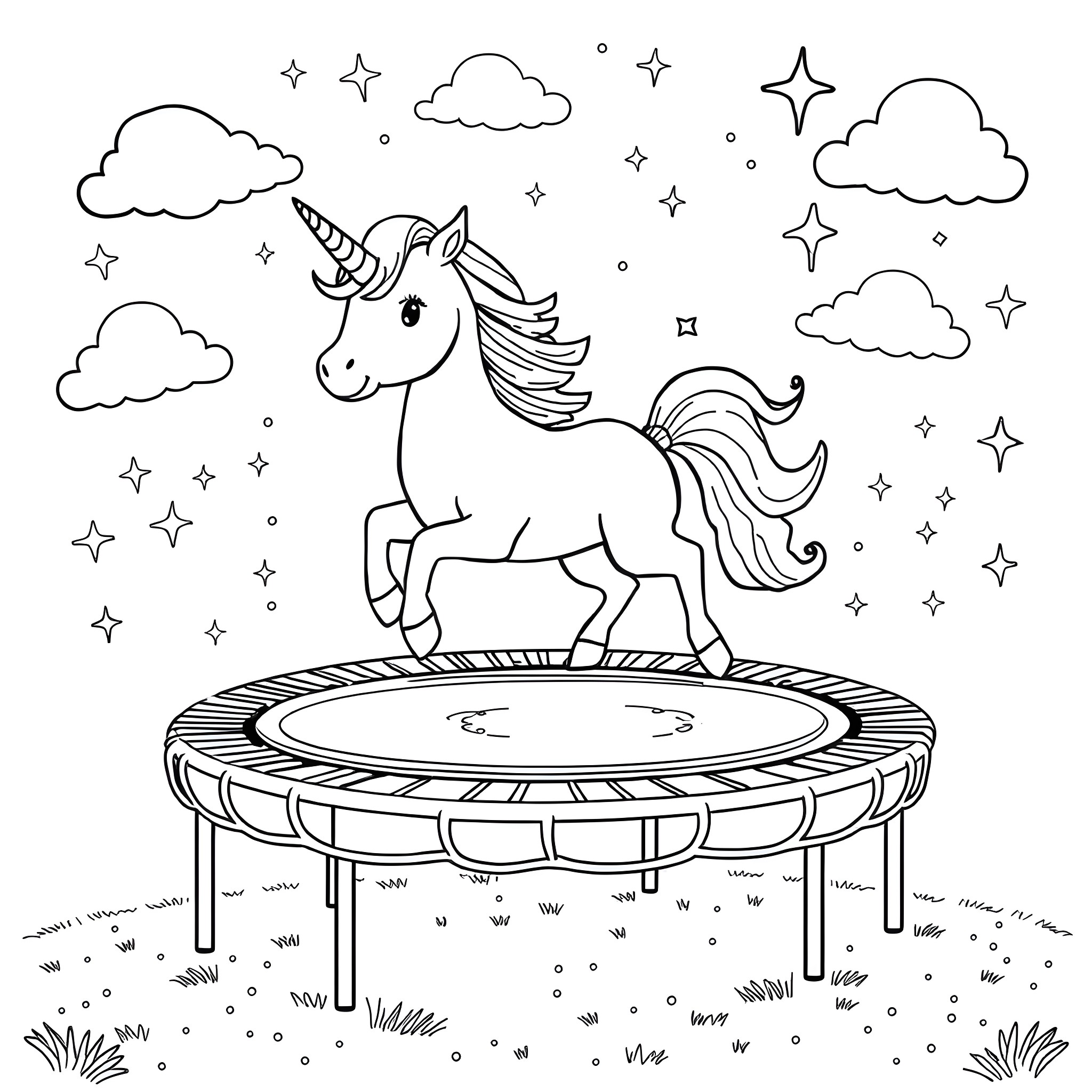 Unicorn jumping on a trampoline under the stars Coloring Page (free black-and-white line drawing printable PDF for all, from beginners to advanced learners, including children, teens, adults, and seniors)