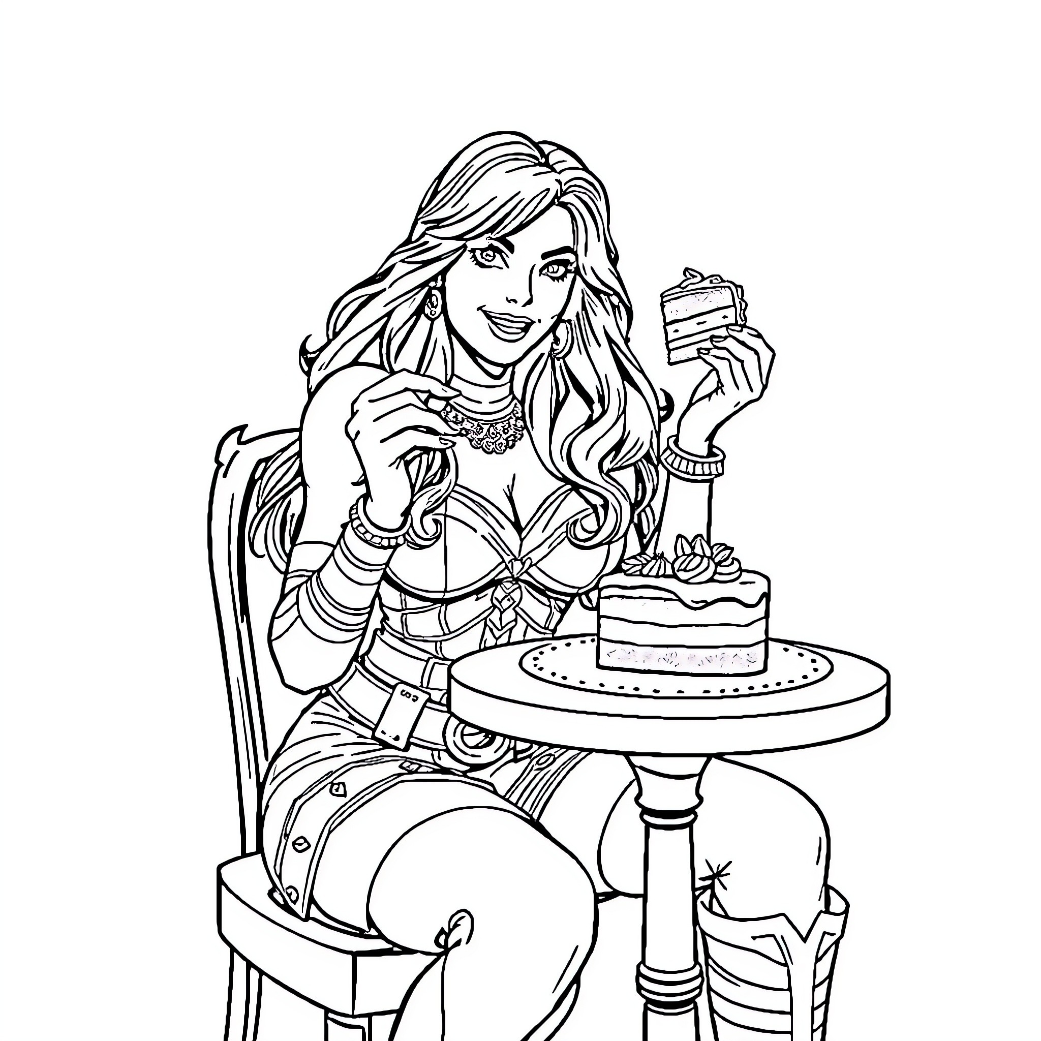 Red Sonja enjoying a birthday cake Coloring Page (free black-and-white line drawing printable PDF for all, from beginners to advanced learners, including children, teens, adults, and seniors)
