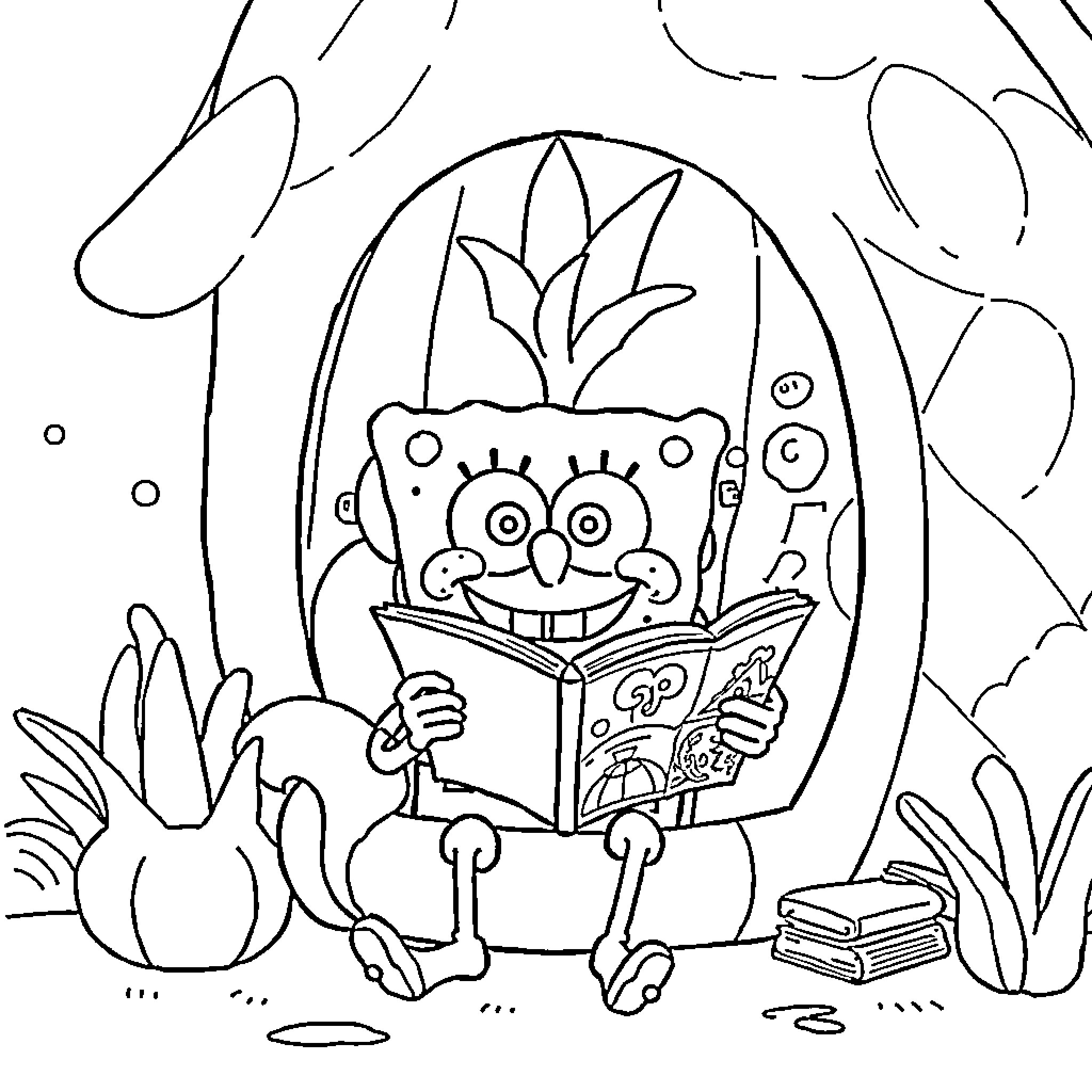 Spongebob reading a book in the ocean Coloring Page (free black-and-white line drawing printable PDF for all, from beginners to advanced learners, including children, teens, adults, and seniors)