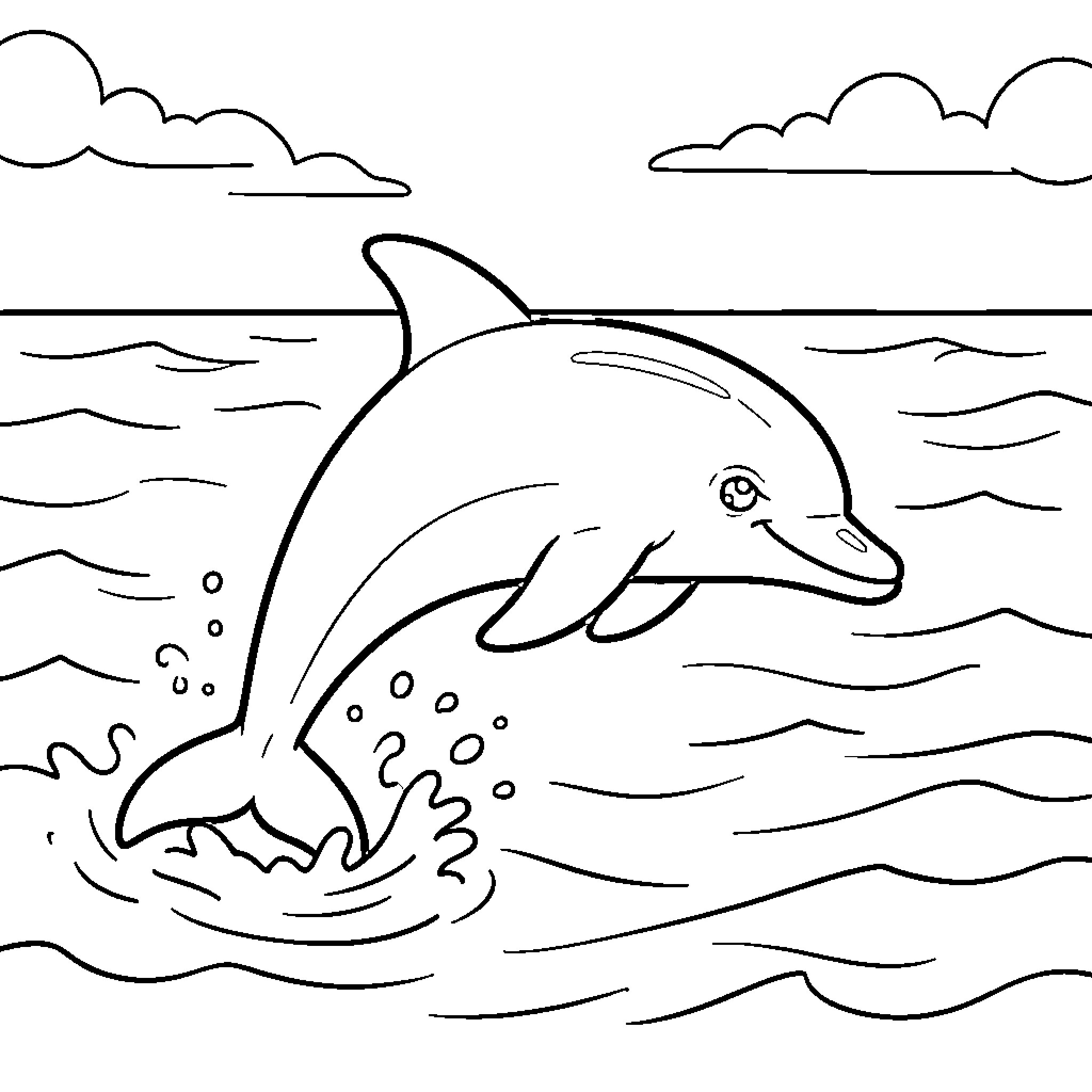 Dolphin jumping out of the ocean waves Coloring Page (free black-and-white line drawing printable PDF for all, from beginners to advanced learners, including children, teens, adults, and seniors)