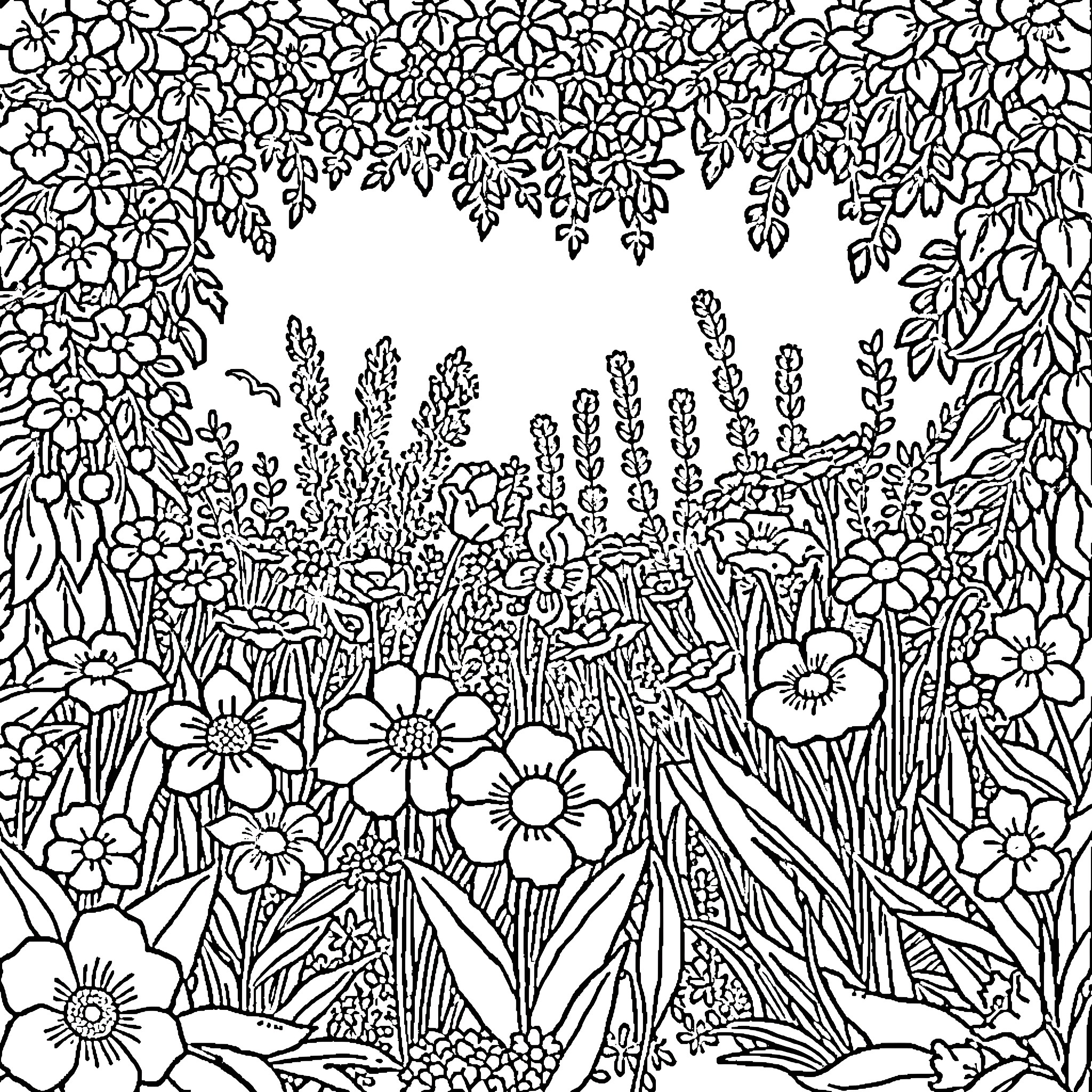 Garden filled with vibrant floral scenery Coloring Page (free black-and-white line drawing printable PDF for all, from beginners to advanced learners, including children, teens, adults, and seniors)