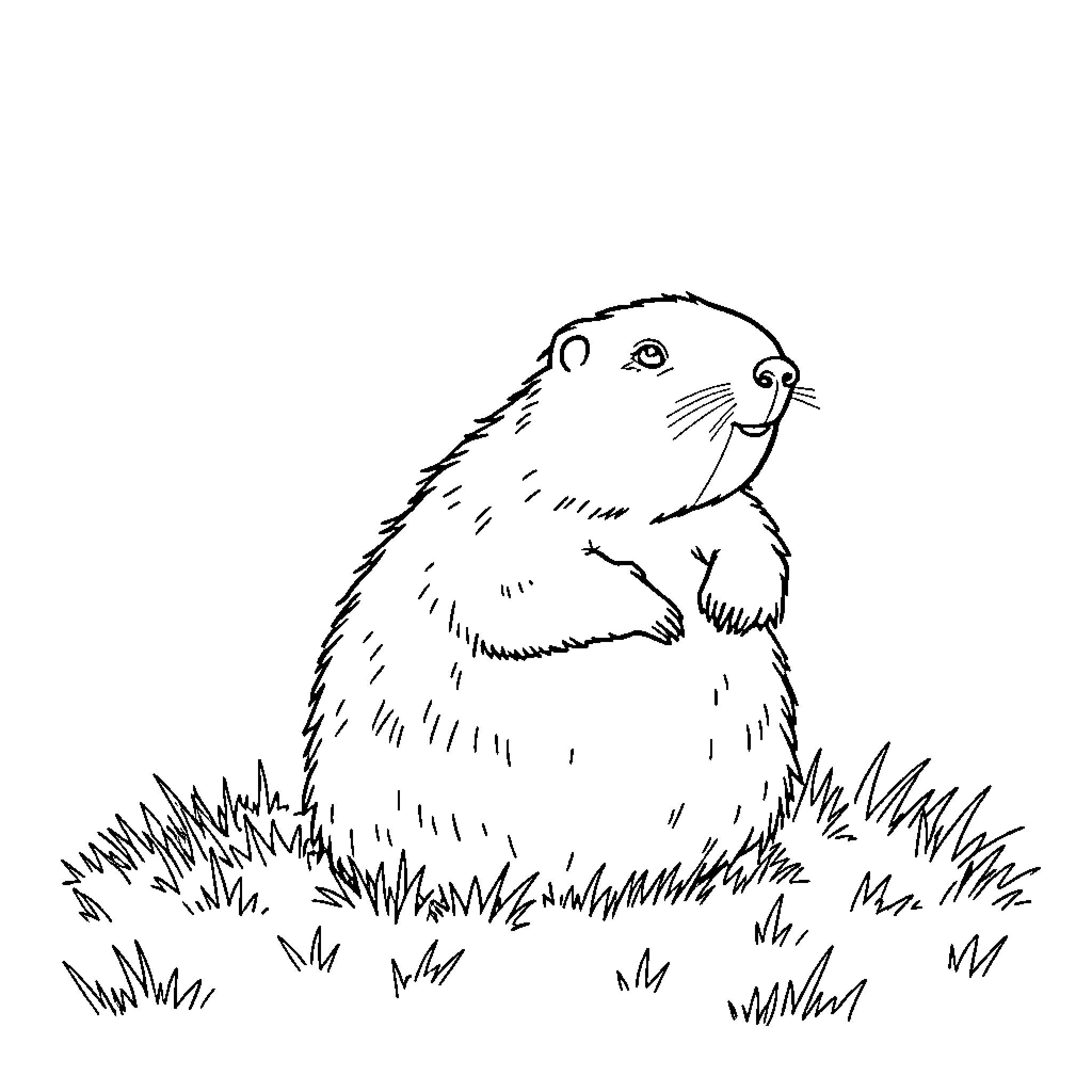 Groundhog emerging from grassy burrow Coloring Page (free black-and-white line drawing printable PDF for all, from beginners to advanced learners, including children, teens, adults, and seniors)