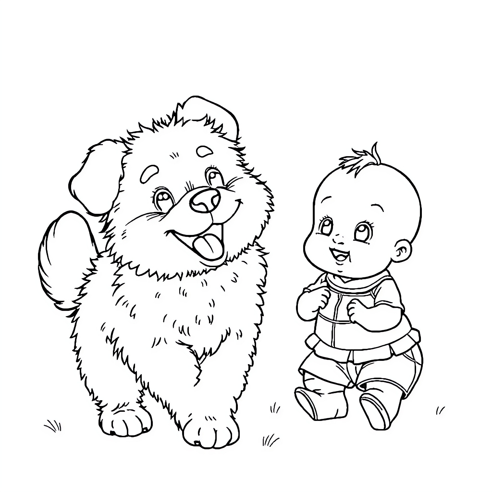 Dog and baby playing happily in the park Coloring Page (free black-and-white line drawing printable PDF for all, from beginners to advanced learners, including children, teens, adults, and seniors)