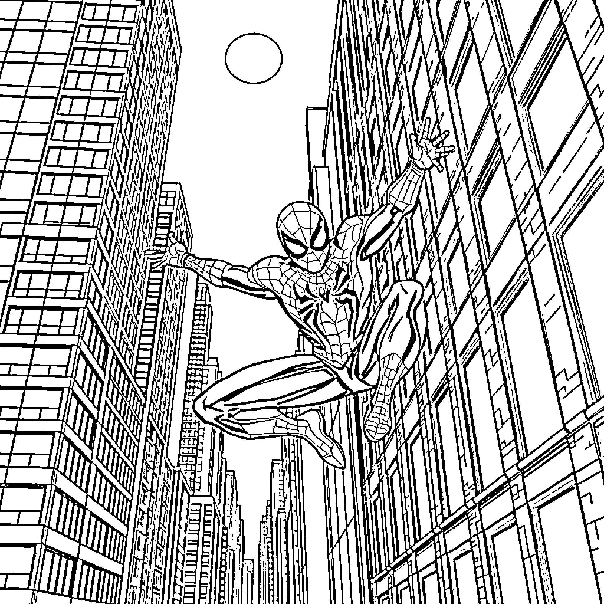 Spider-Man swinging through the cityscape Coloring Page (free black-and-white line drawing printable PDF for all, from beginners to advanced learners, including children, teens, adults, and seniors)