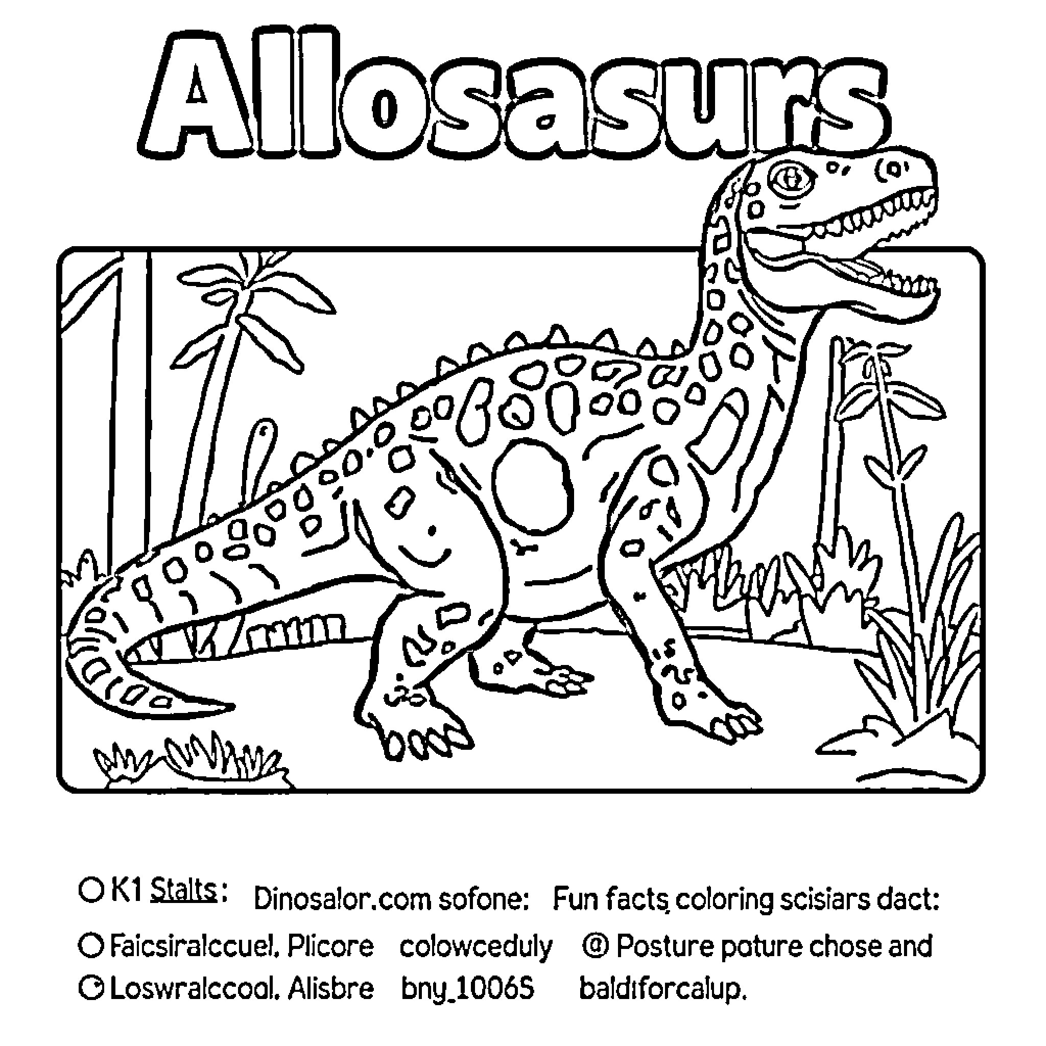 Allosaurus in a Jurassic landscape Coloring Page (free black-and-white line drawing printable PDF for all, from beginners to advanced learners, including children, teens, adults, and seniors)