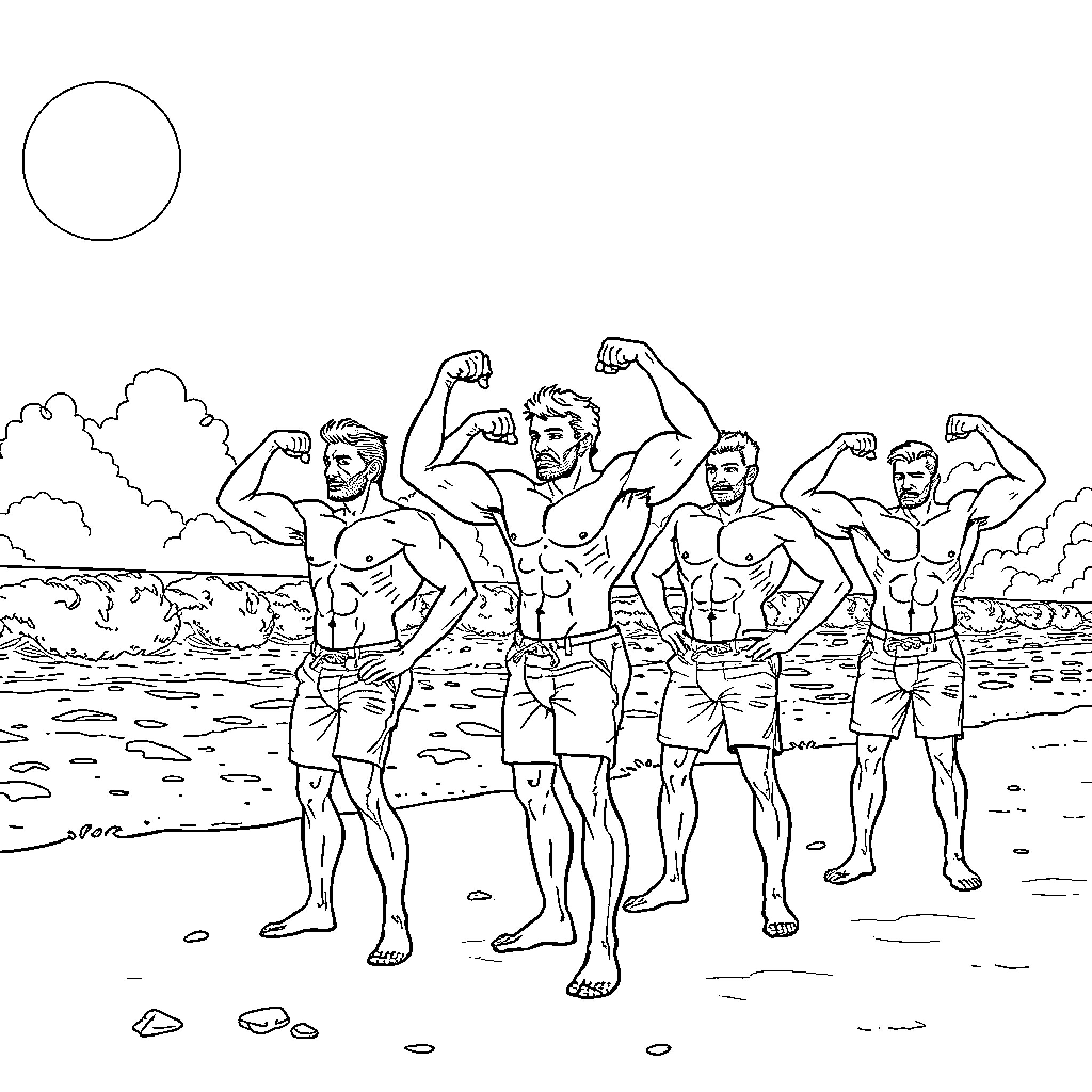 Man flexing muscles with group on beach Coloring Page (free black-and-white line drawing printable PDF for all, from beginners to advanced learners, including children, teens, adults, and seniors)