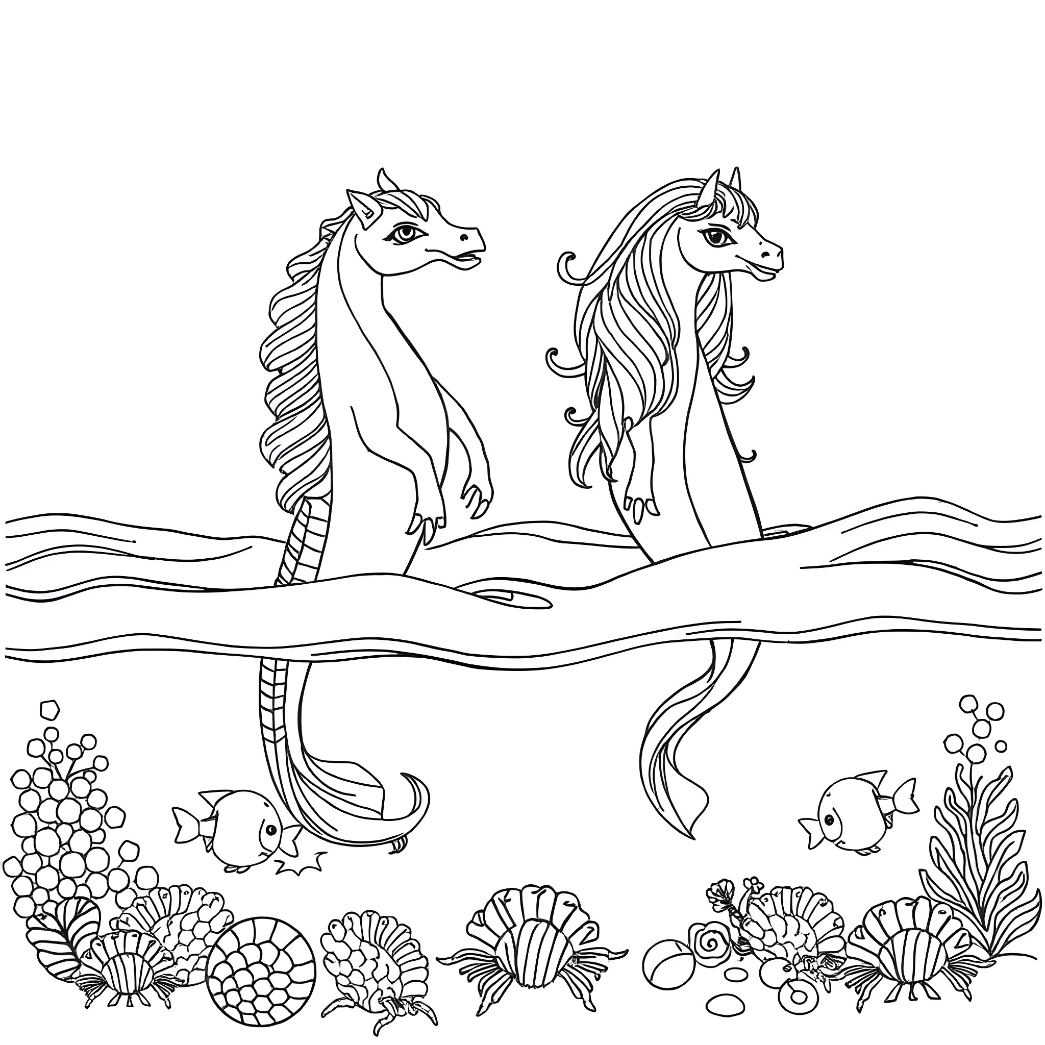 Unicorn Horses Frolicking in the Underwater Meadow Coloring Page (free black-and-white line drawing printable PDF for all, from beginners to advanced learners, including children, teens, adults, and seniors)