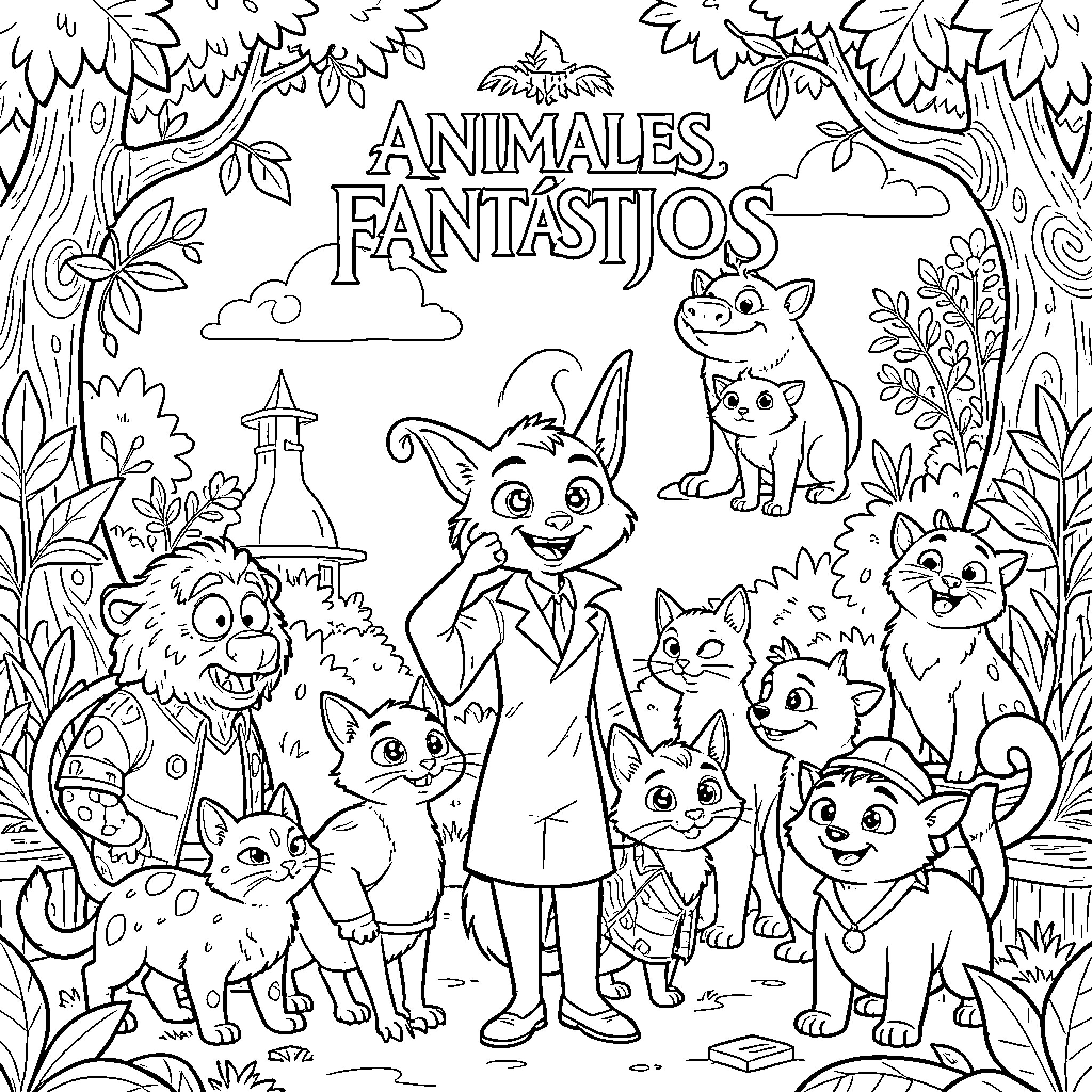 Fantastic Animals on a Forest Adventure Coloring Page (free black-and-white line drawing printable PDF for all, from beginners to advanced learners, including children, teens, adults, and seniors)