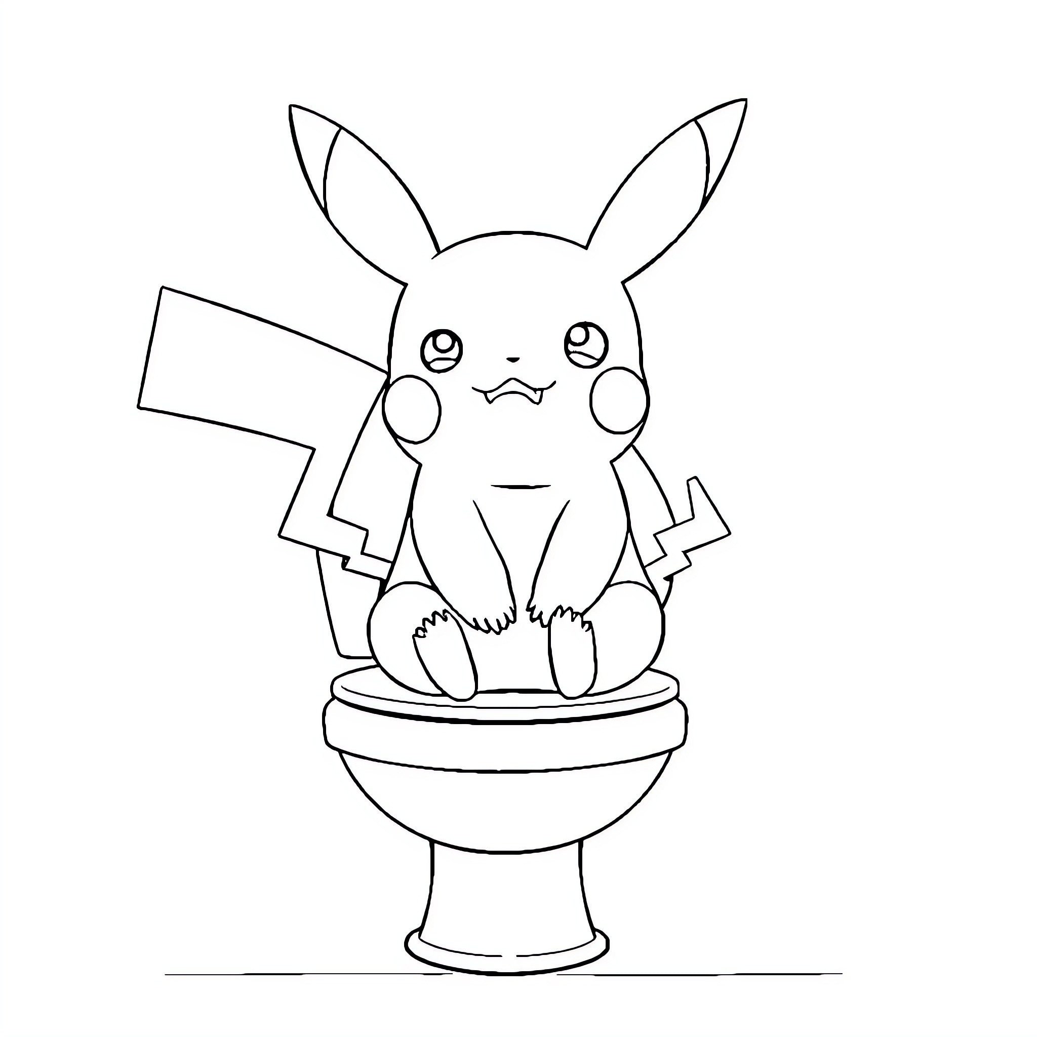 Pikachu sitting comfortably on a toilet Coloring Page (free black-and-white line drawing printable PDF for all, from beginners to advanced learners, including children, teens, adults, and seniors)