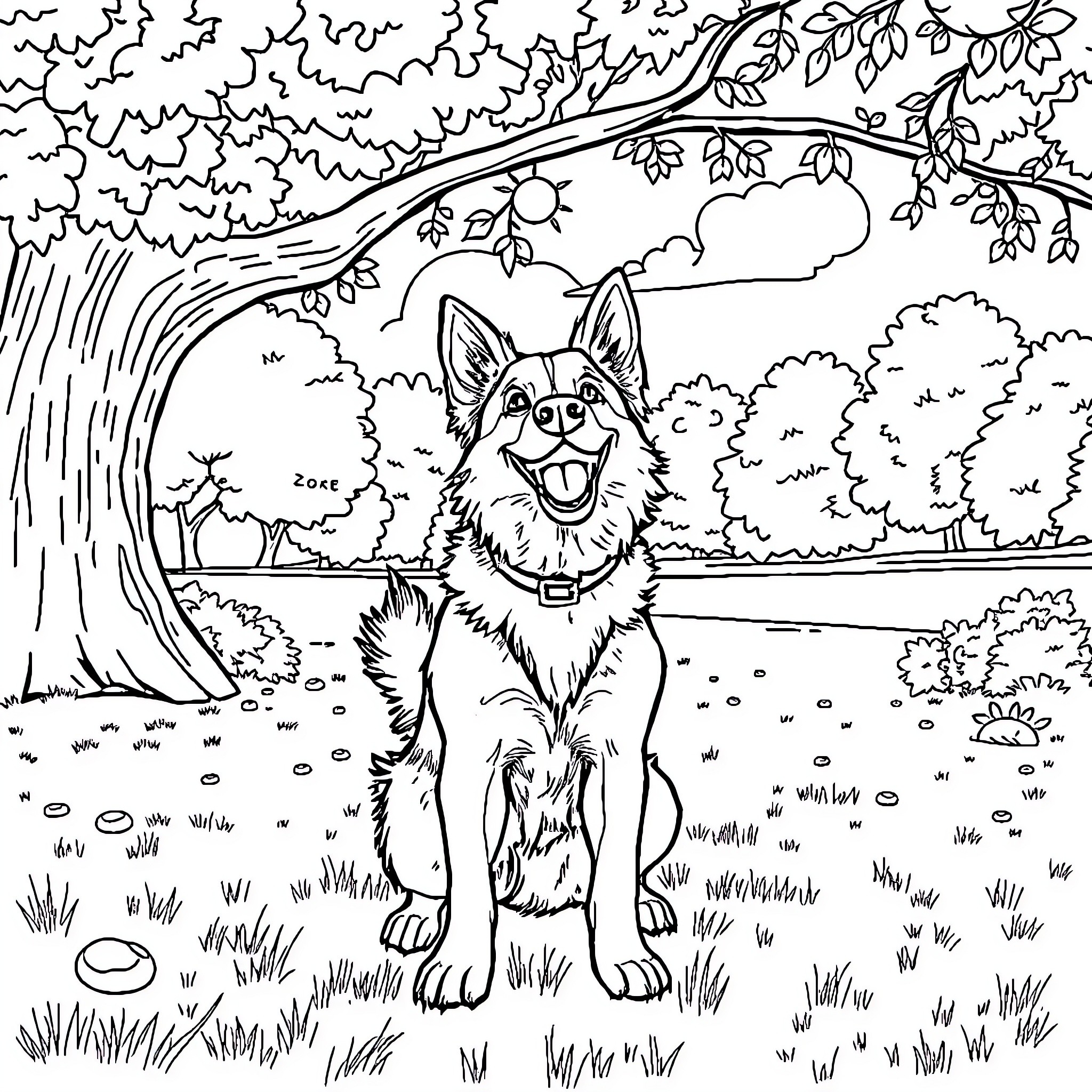 Dog exploring the scenic forest Coloring Page (free black-and-white line drawing printable PDF for all, from beginners to advanced learners, including children, teens, adults, and seniors)