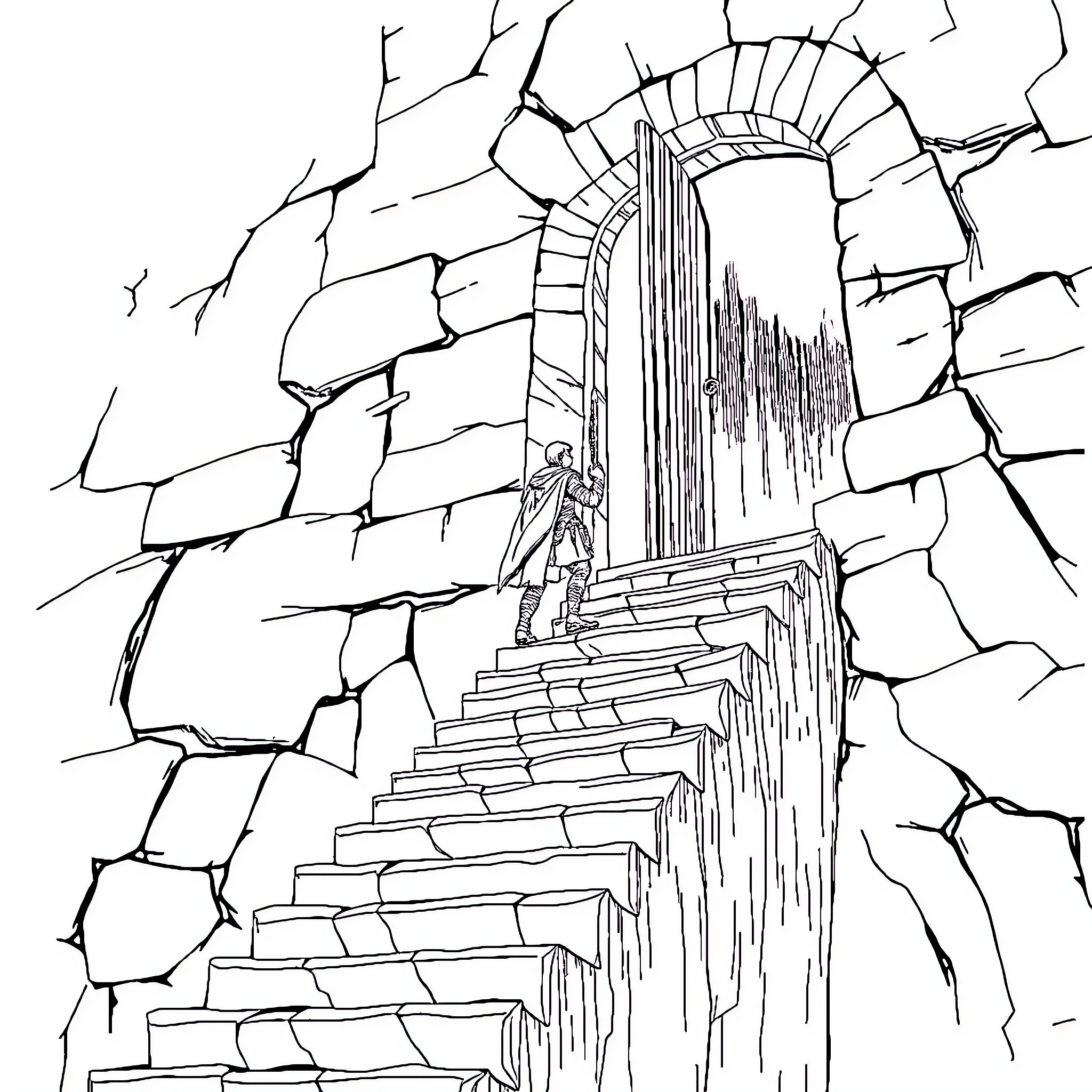 Warrior approaches the crumbled doorway Coloring Page (free black-and-white line drawing printable PDF for all, from beginners to advanced learners, including children, teens, adults, and seniors)