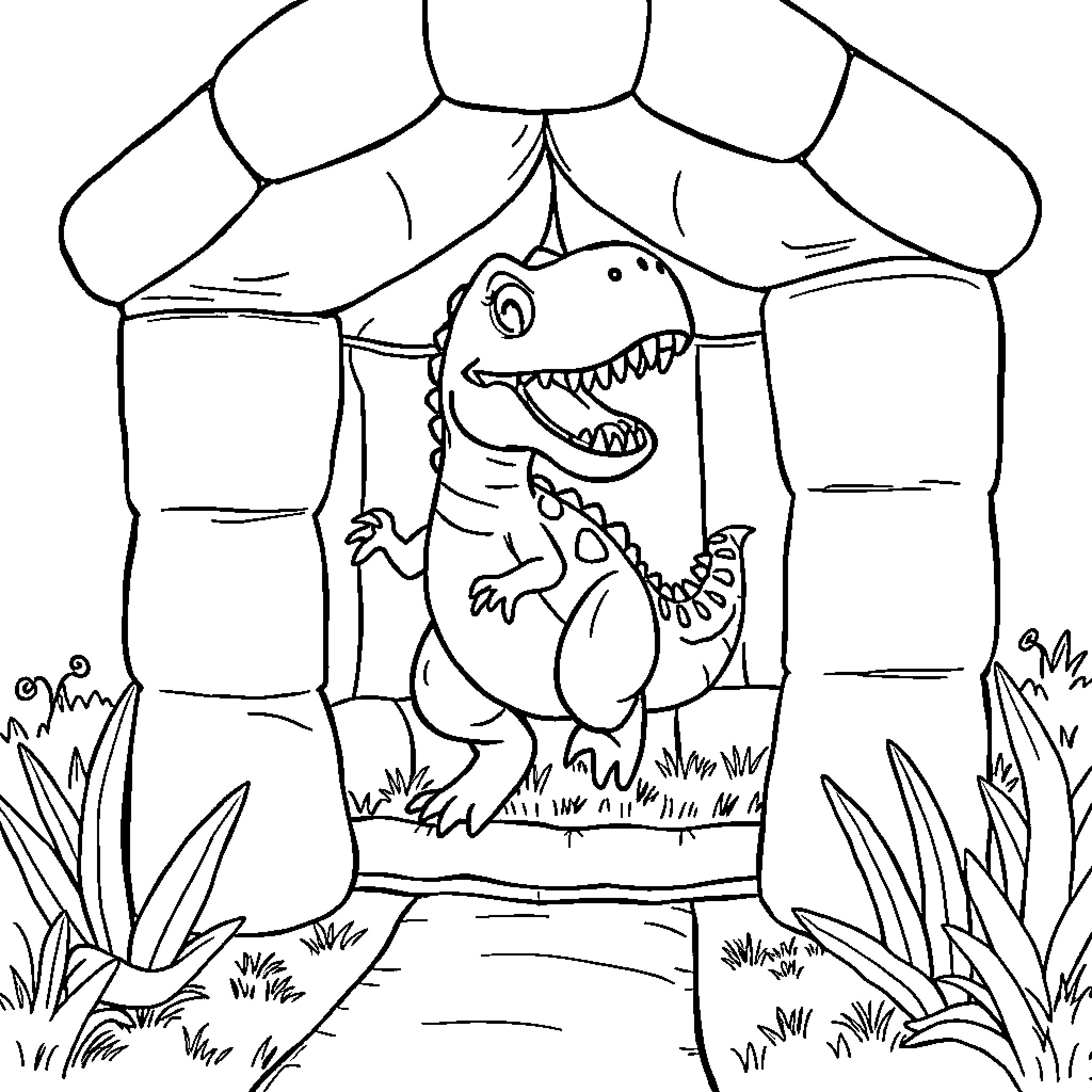 Dinosaur performing in a circus tent Coloring Page (free black-and-white line drawing printable PDF for all, from beginners to advanced learners, including children, teens, adults, and seniors)