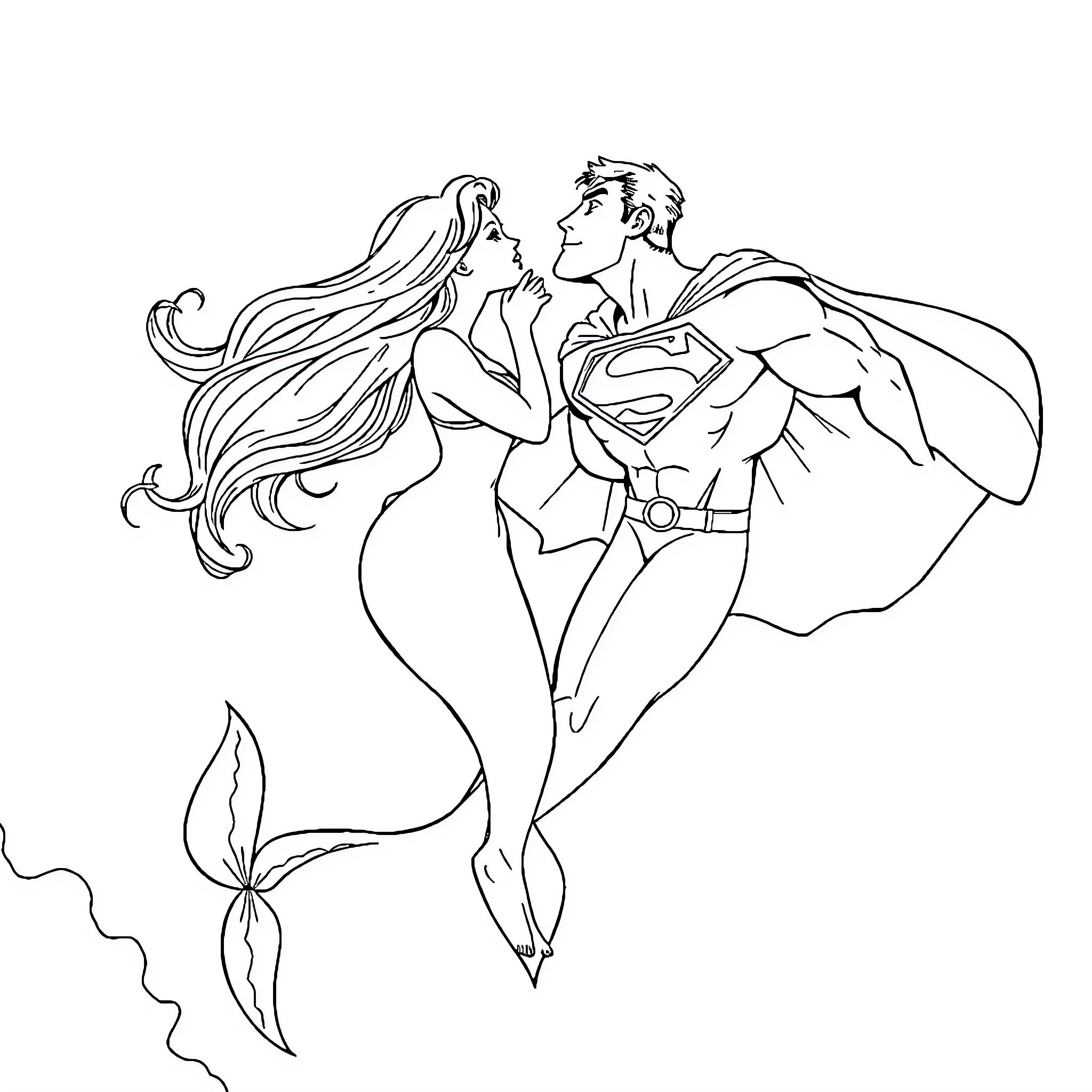 Mermaid and Superhero in Embrace Coloring Page (free black-and-white line drawing printable PDF for all, from beginners to advanced learners, including children, teens, adults, and seniors)