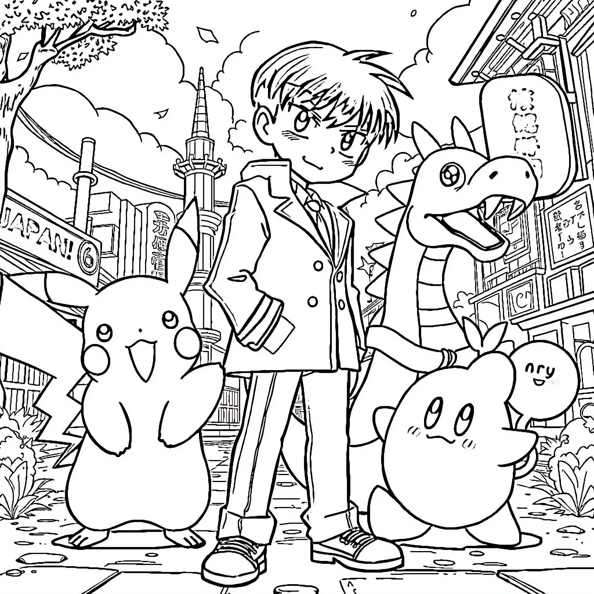 Detective Conan and Friendly Pokémon Explore the City Coloring Page (free black-and-white line drawing printable PDF for all, from beginners to advanced learners, including children, teens, adults, and seniors)