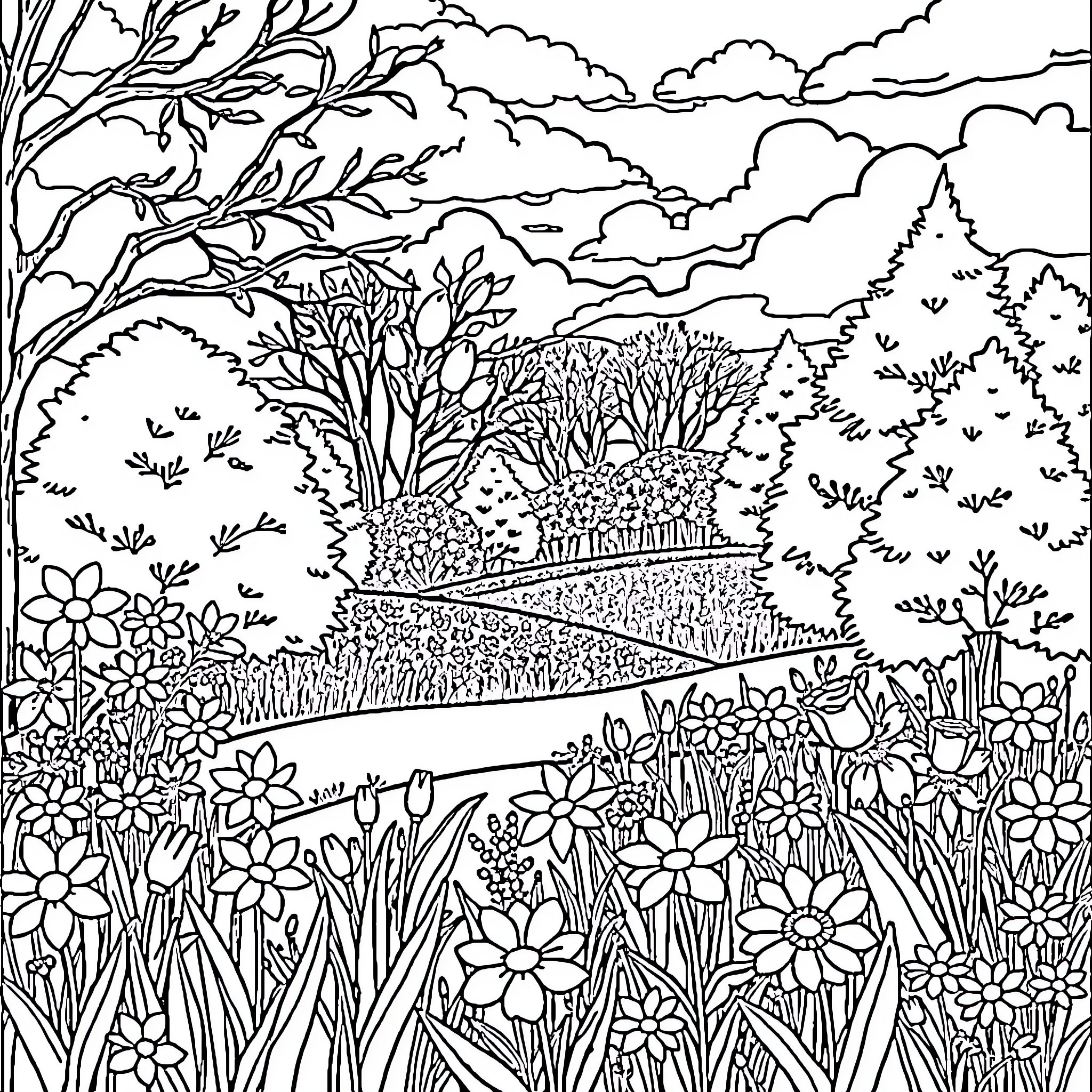 Spring landscape with blooming flowers and trees Coloring Page (free black-and-white line drawing printable PDF for all, from beginners to advanced learners, including children, teens, adults, and seniors)