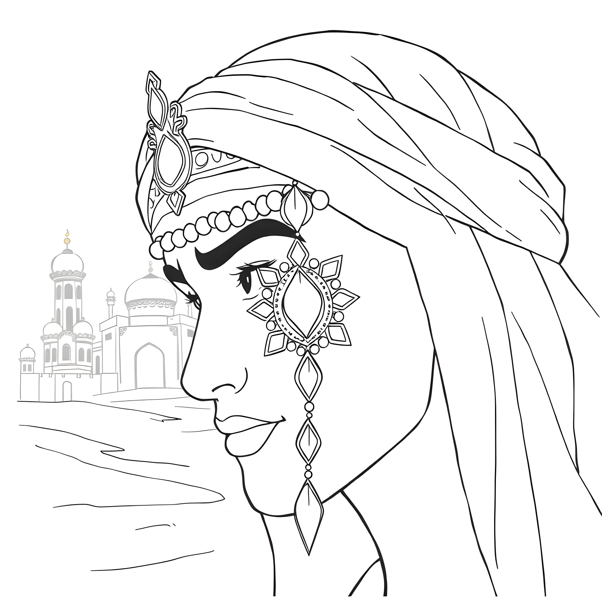 Aladdin and the Enchanted City Coloring Page (free black-and-white line drawing printable PDF for all, from beginners to advanced learners, including children, teens, adults, and seniors)