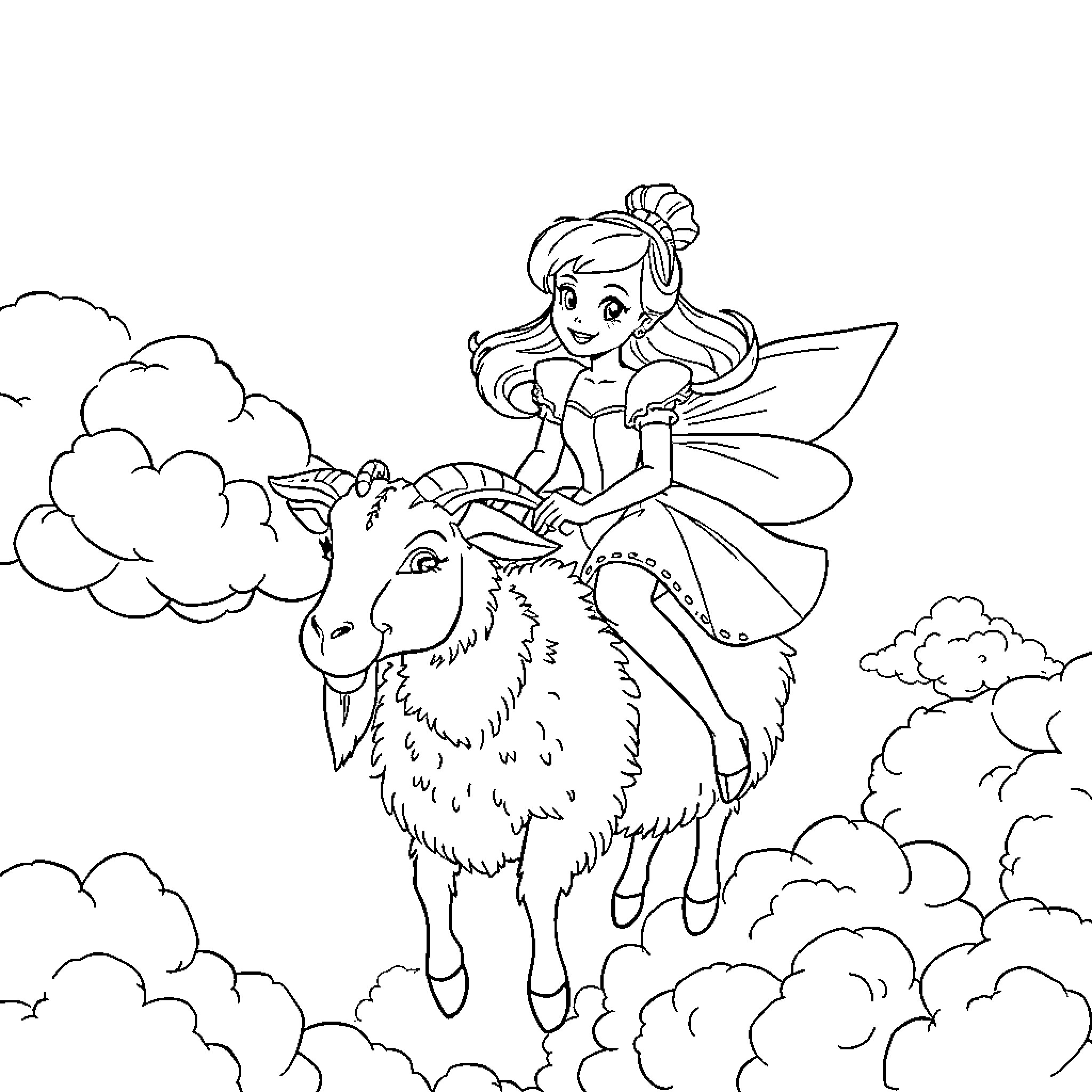 Cinderella riding a magical goat in the clouds Coloring Page (free black-and-white line drawing printable PDF for all, from beginners to advanced learners, including children, teens, adults, and seniors)