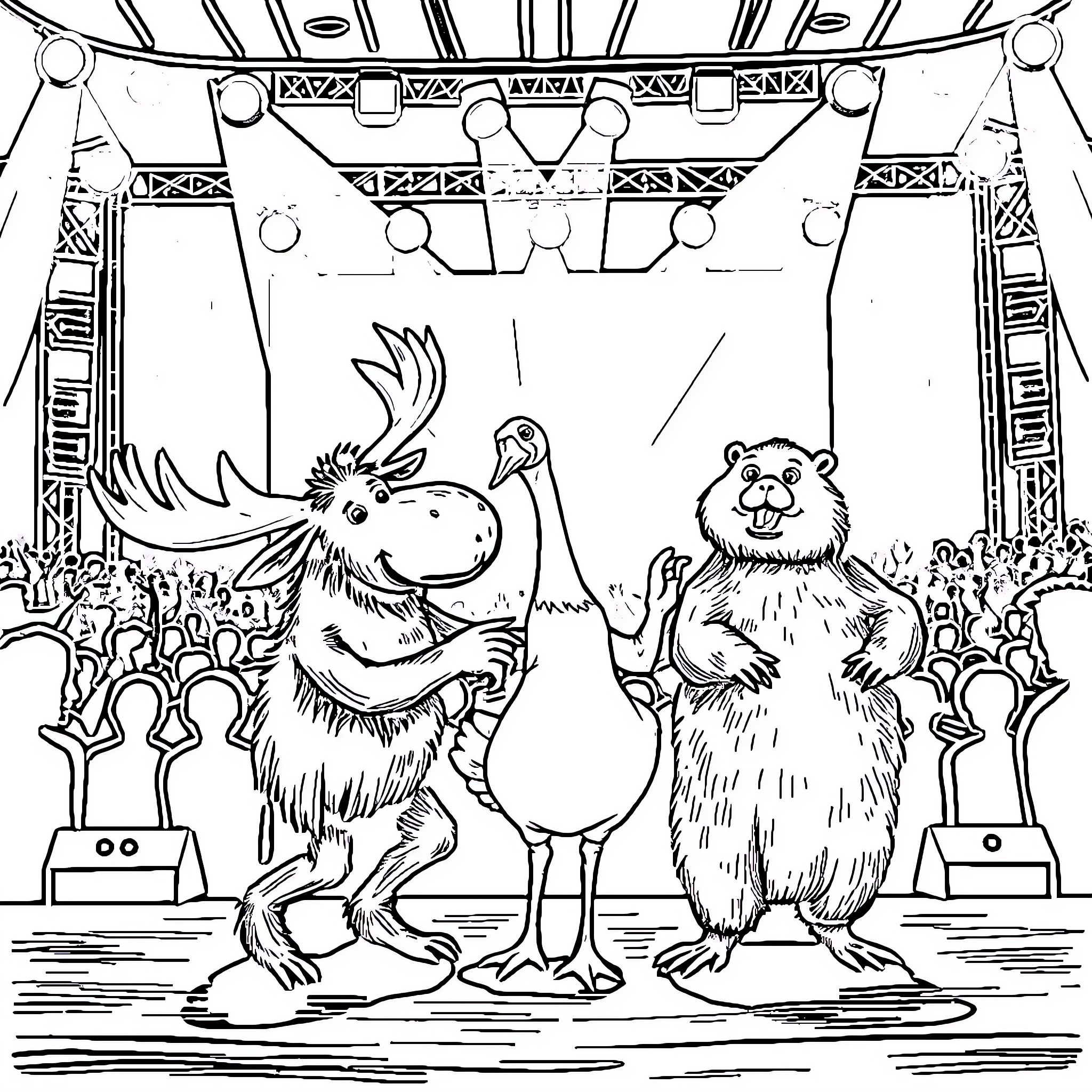 Moose and Beaver Performing on Stage Coloring Page (free black-and-white line drawing printable PDF for all, from beginners to advanced learners, including children, teens, adults, and seniors)