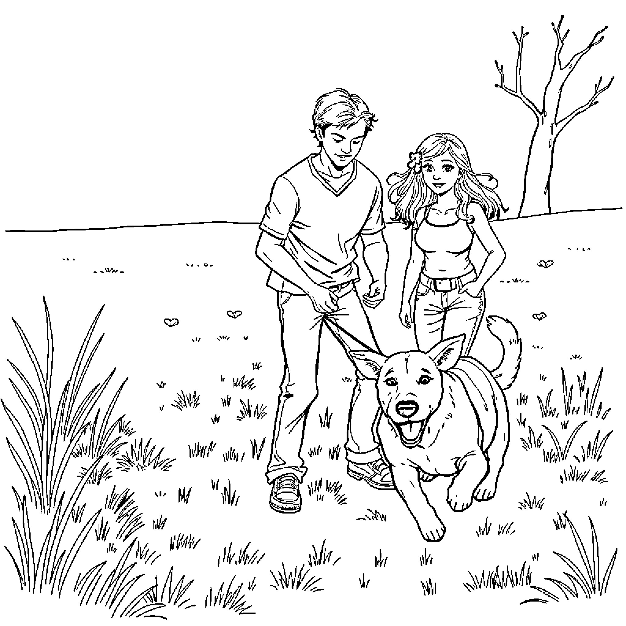 Man and woman walking dog in nature Coloring Page (free black-and-white line drawing printable PDF for all, from beginners to advanced learners, including children, teens, adults, and seniors)