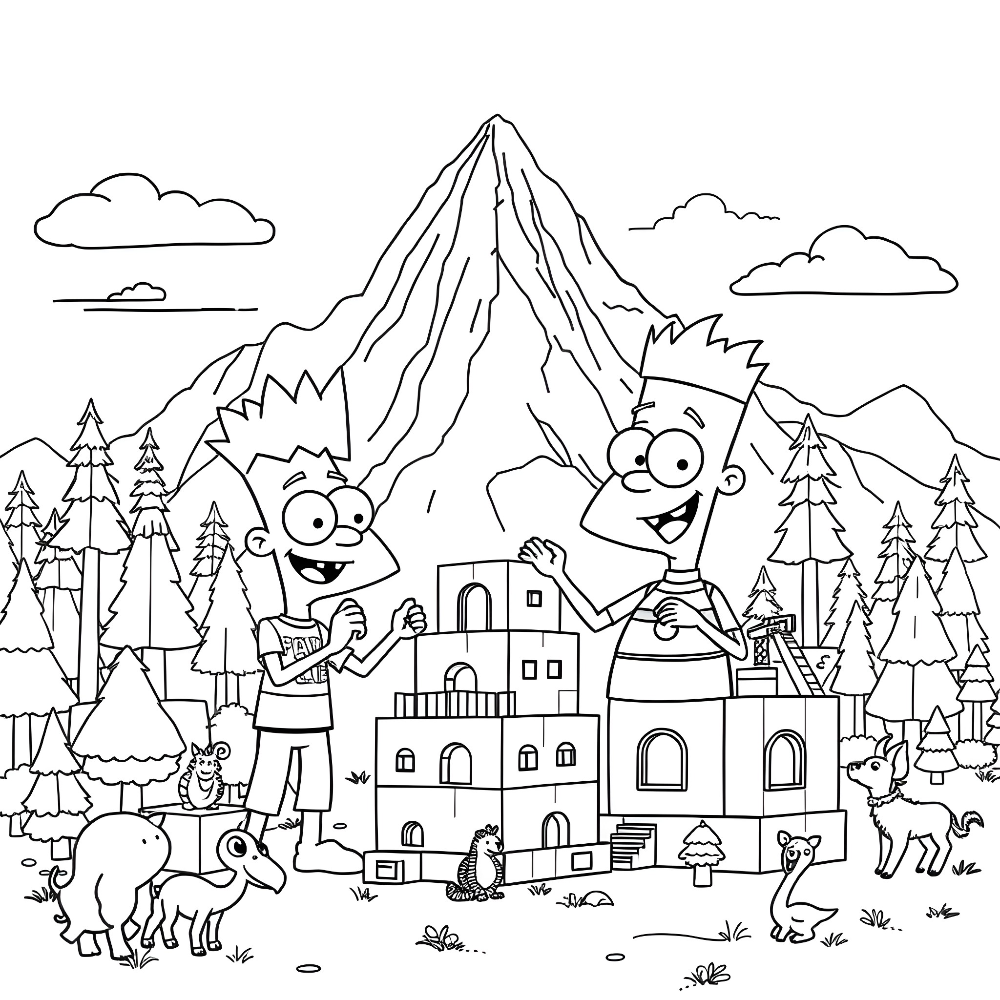 Phineas and Ferb's Adventurous Mountain Exploration Coloring Page (free black-and-white line drawing printable PDF for all, from beginners to advanced learners, including children, teens, adults, and seniors)