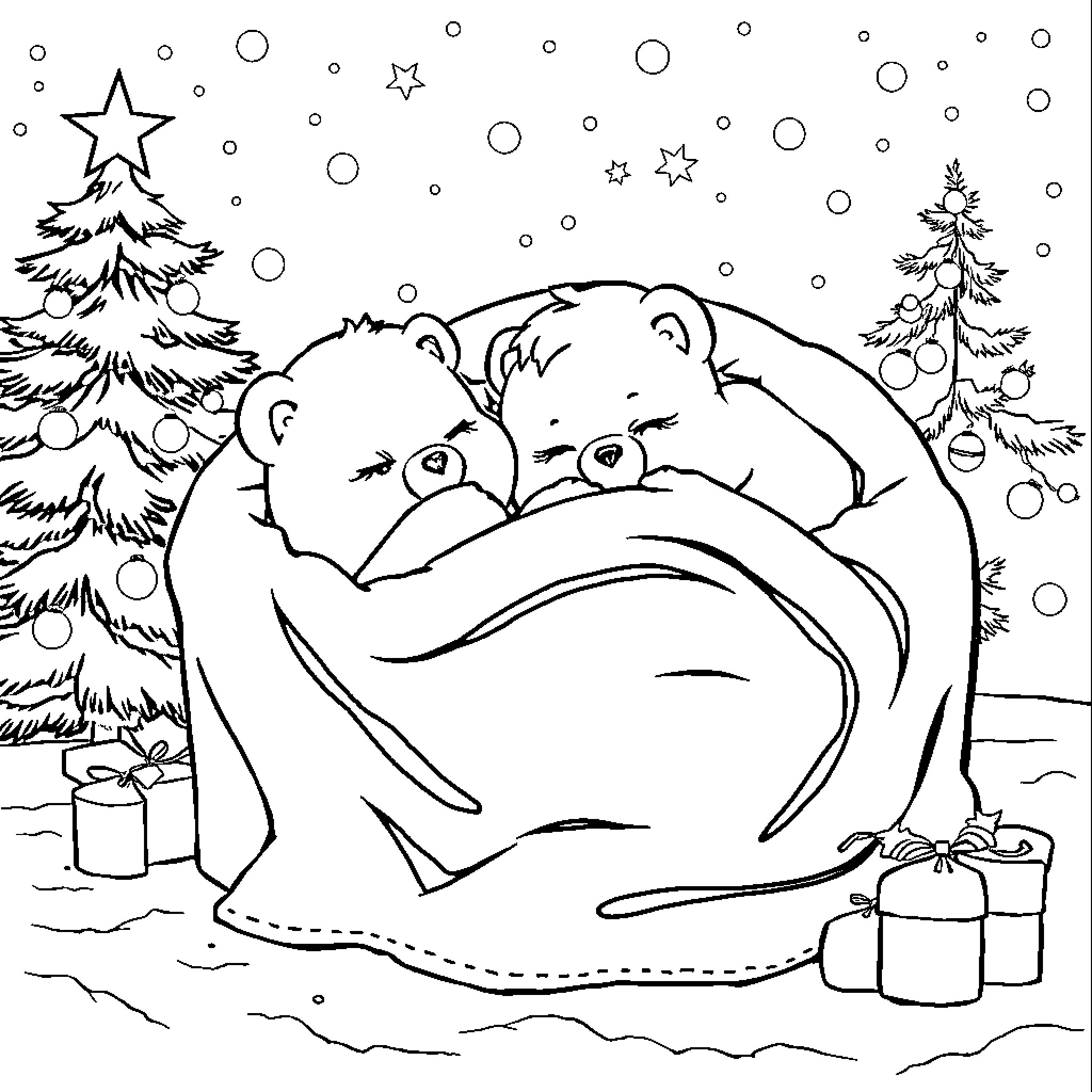 Carebear resting peacefully in winter wonderland Coloring Page (free black-and-white line drawing printable PDF for all, from beginners to advanced learners, including children, teens, adults, and seniors)