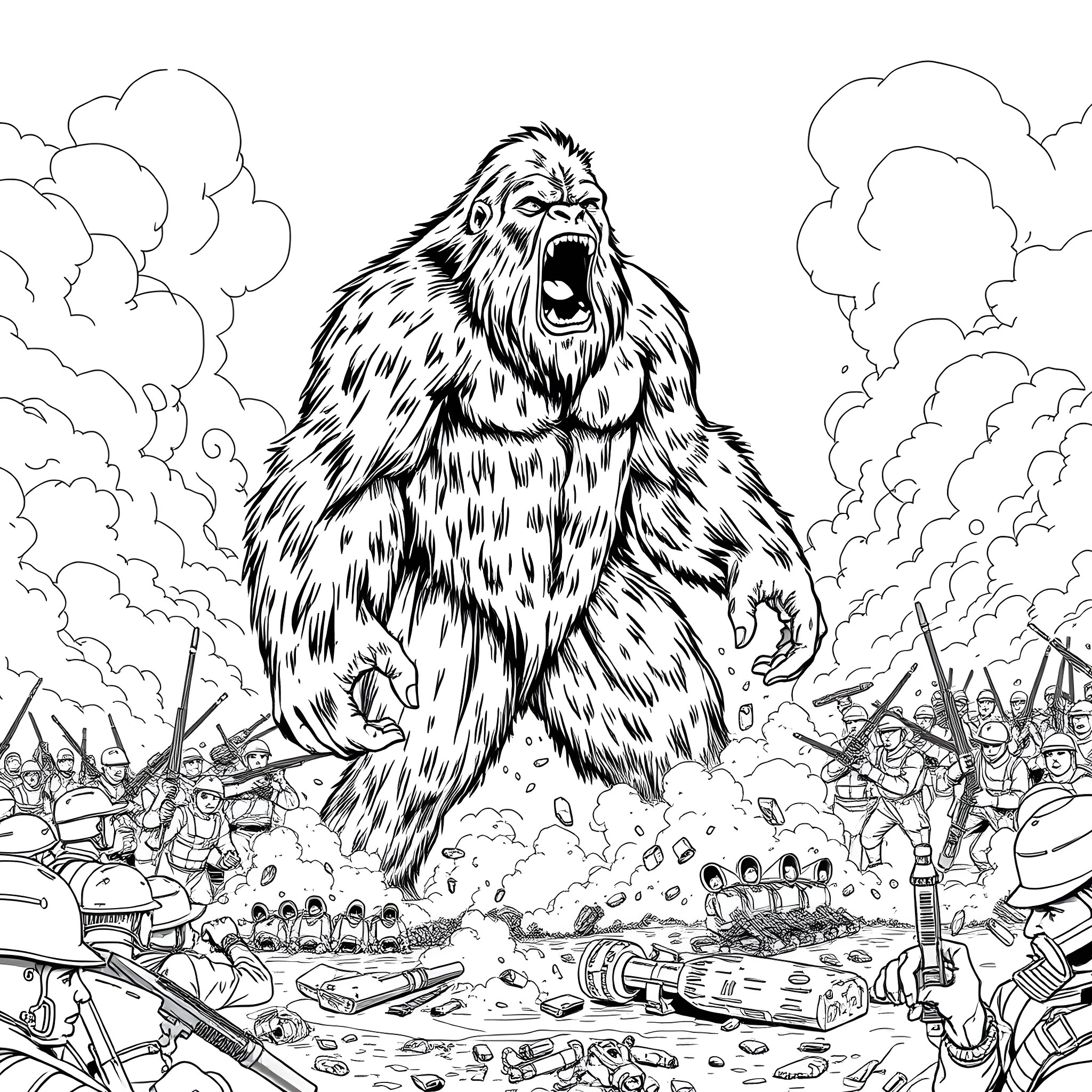 Bigfoot rampaging through a chaotic battle scene Coloring Page (free black-and-white line drawing printable PDF for all, from beginners to advanced learners, including children, teens, adults, and seniors)
