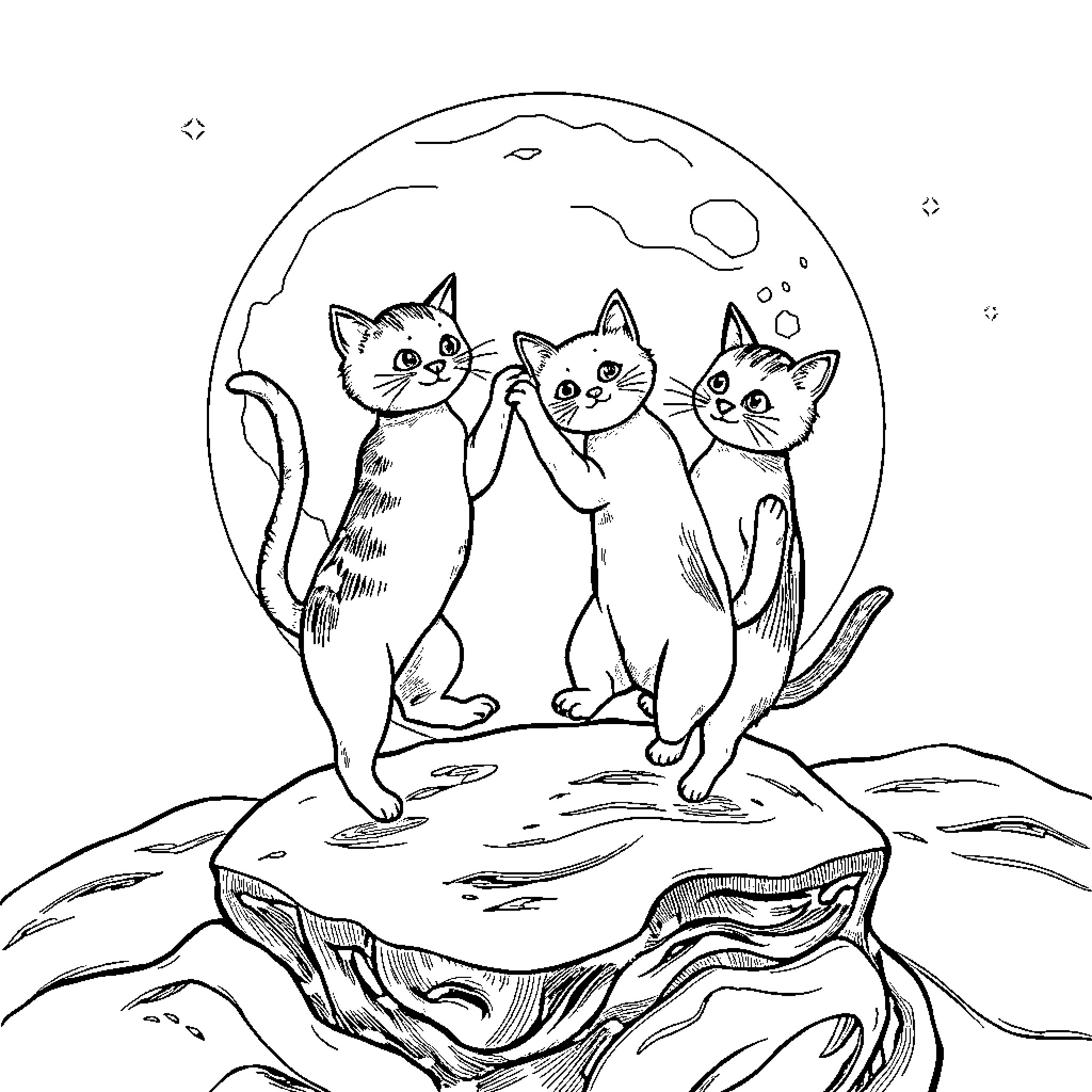 Cats admiring the moon on a rocky hill Coloring Page (free black-and-white line drawing printable PDF for all, from beginners to advanced learners, including children, teens, adults, and seniors)