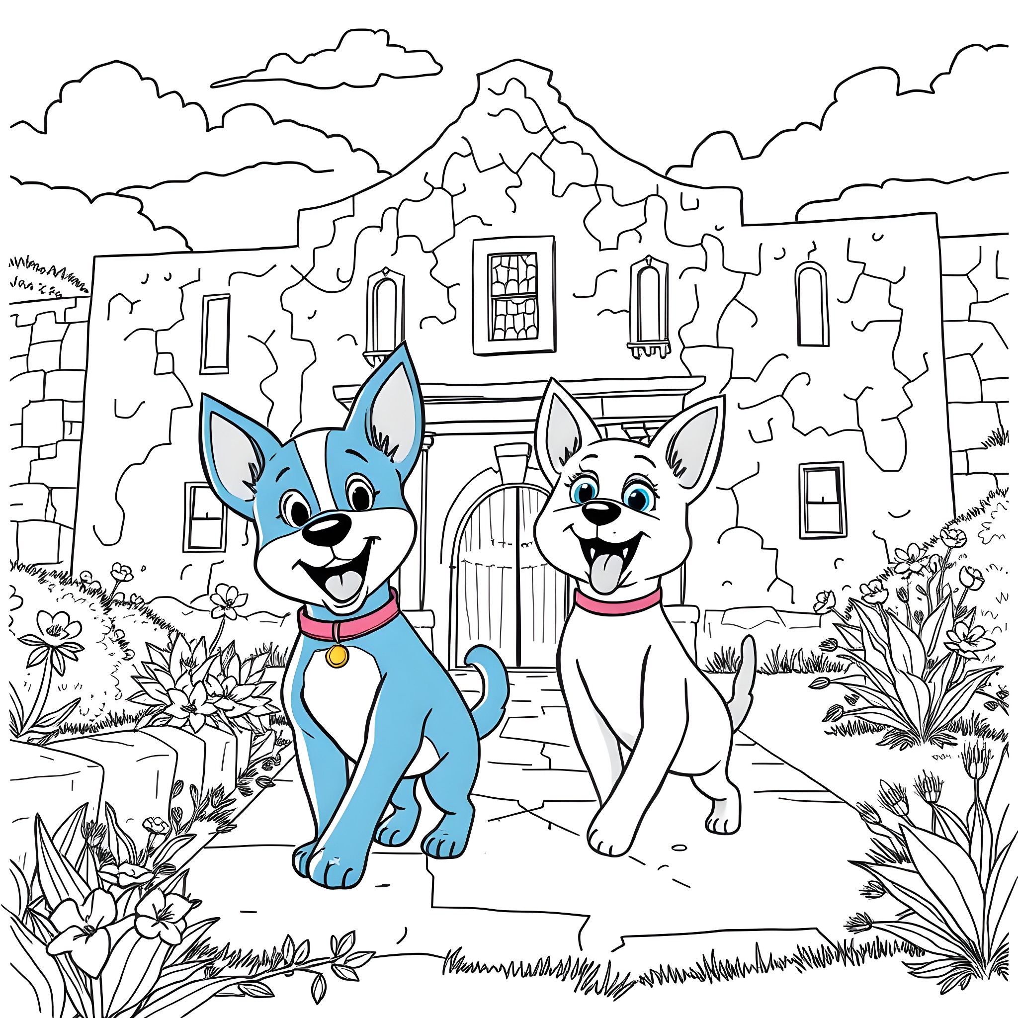 Bluey and Bingo explore the neighborhood Coloring Page (free black-and-white line drawing printable PDF for all, from beginners to advanced learners, including children, teens, adults, and seniors)