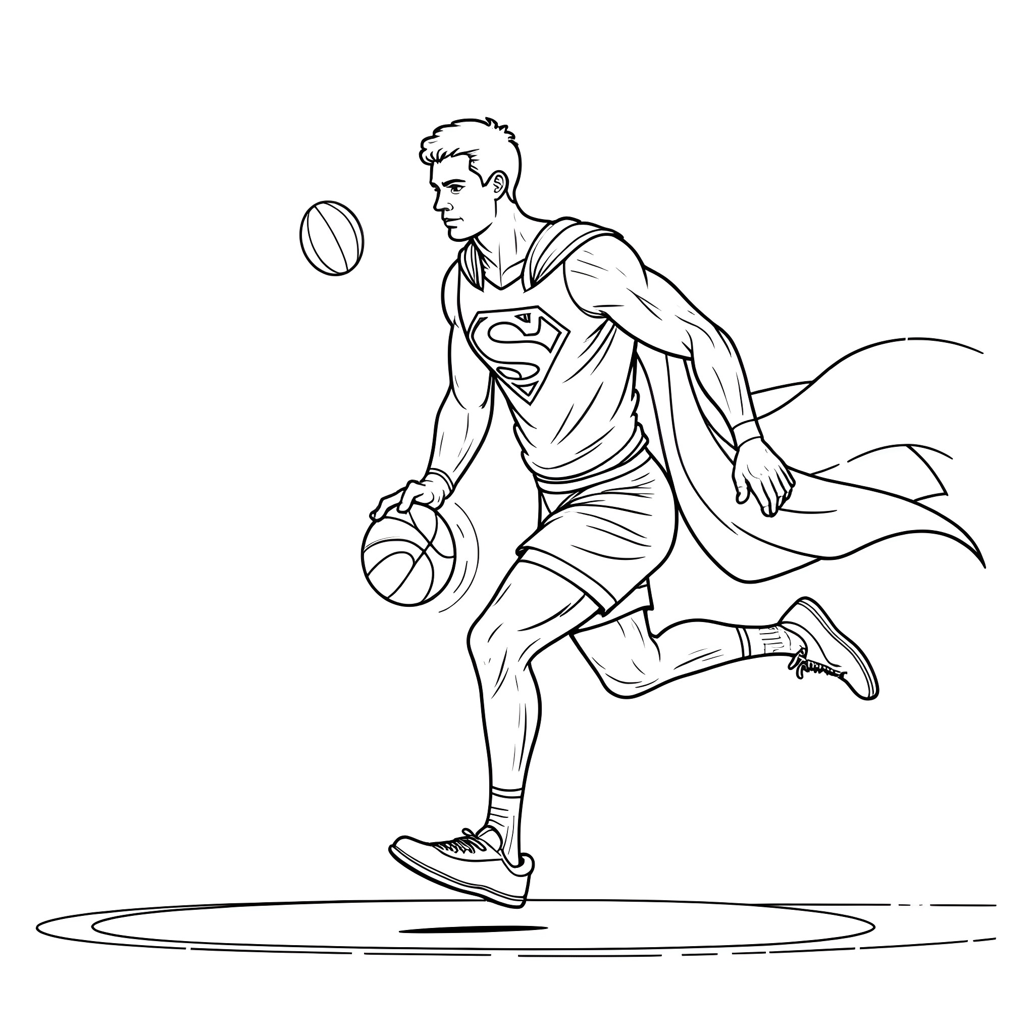 Superman playing basketball with determination Coloring Page (free black-and-white line drawing printable PDF for all, from beginners to advanced learners, including children, teens, adults, and seniors)