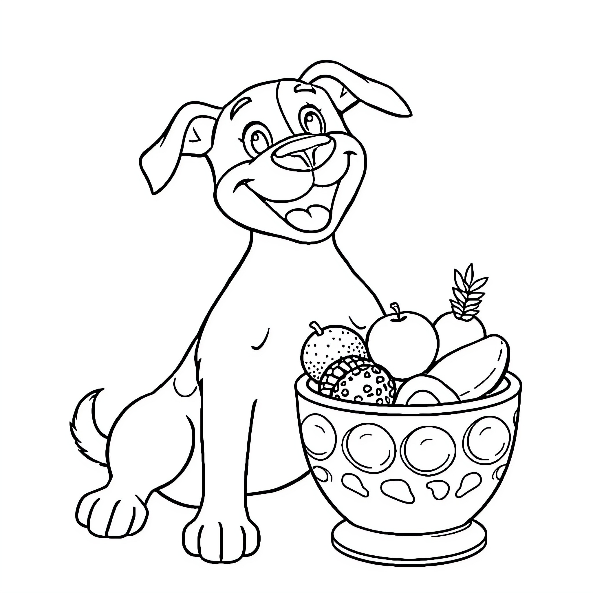 Dog with a bowl of fruits and vegetables Coloring Page (free black-and-white line drawing printable PDF for all, from beginners to advanced learners, including children, teens, adults, and seniors)