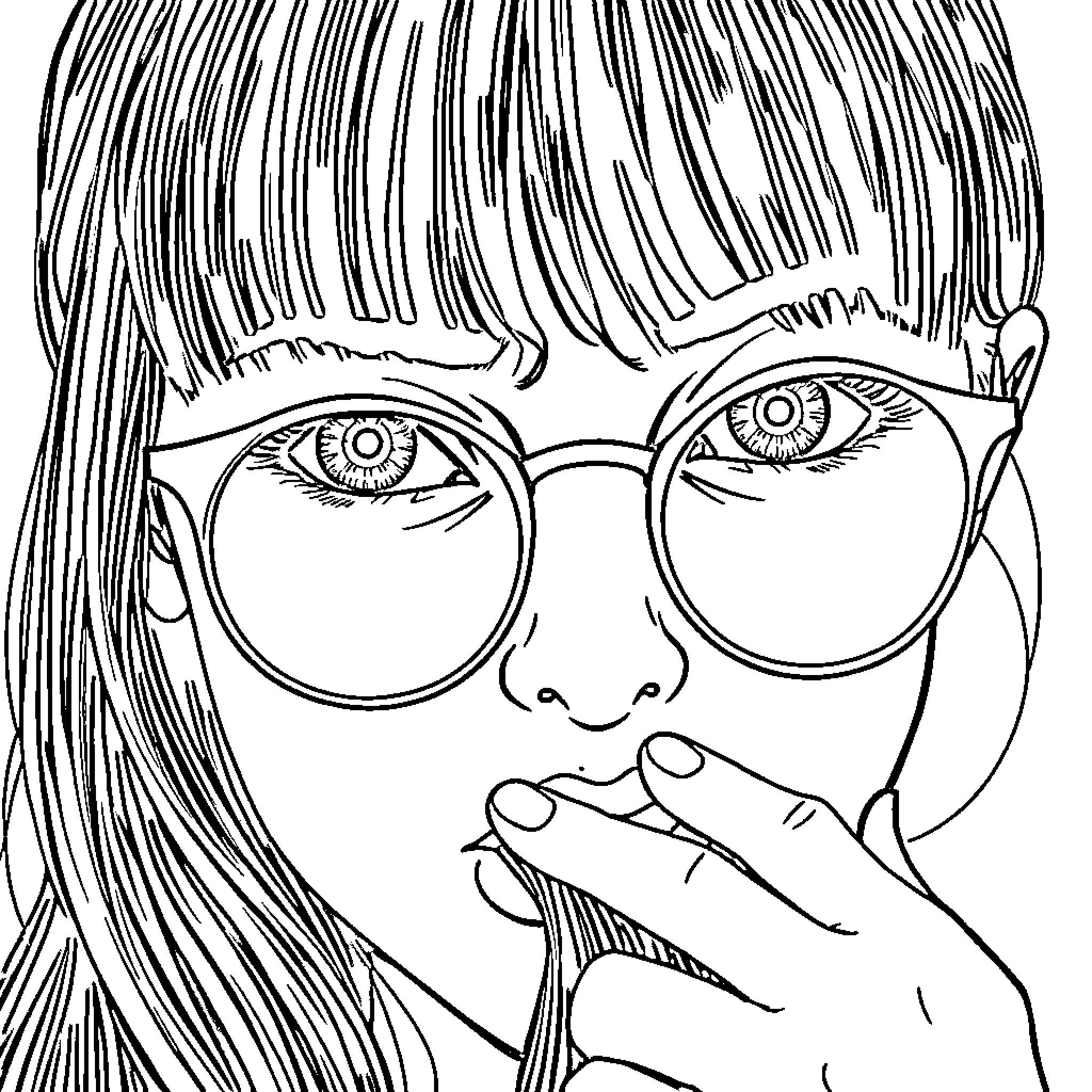 Girl lost in thought with glasses Coloring Page (free black-and-white line drawing printable PDF for all, from beginners to advanced learners, including children, teens, adults, and seniors)