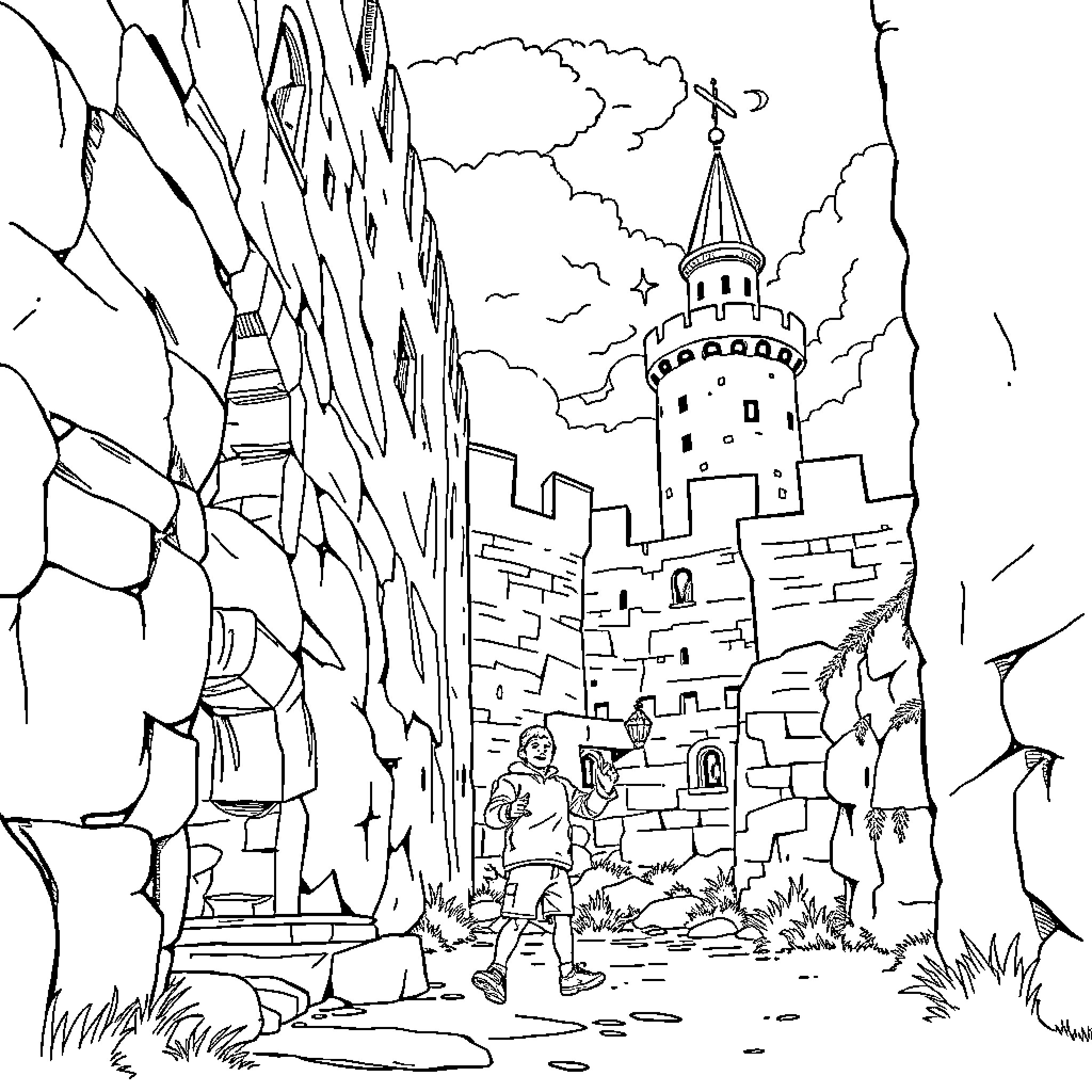 Niño exploring the enchanting castle ruins Coloring Page (free black-and-white line drawing printable PDF for all, from beginners to advanced learners, including children, teens, adults, and seniors)