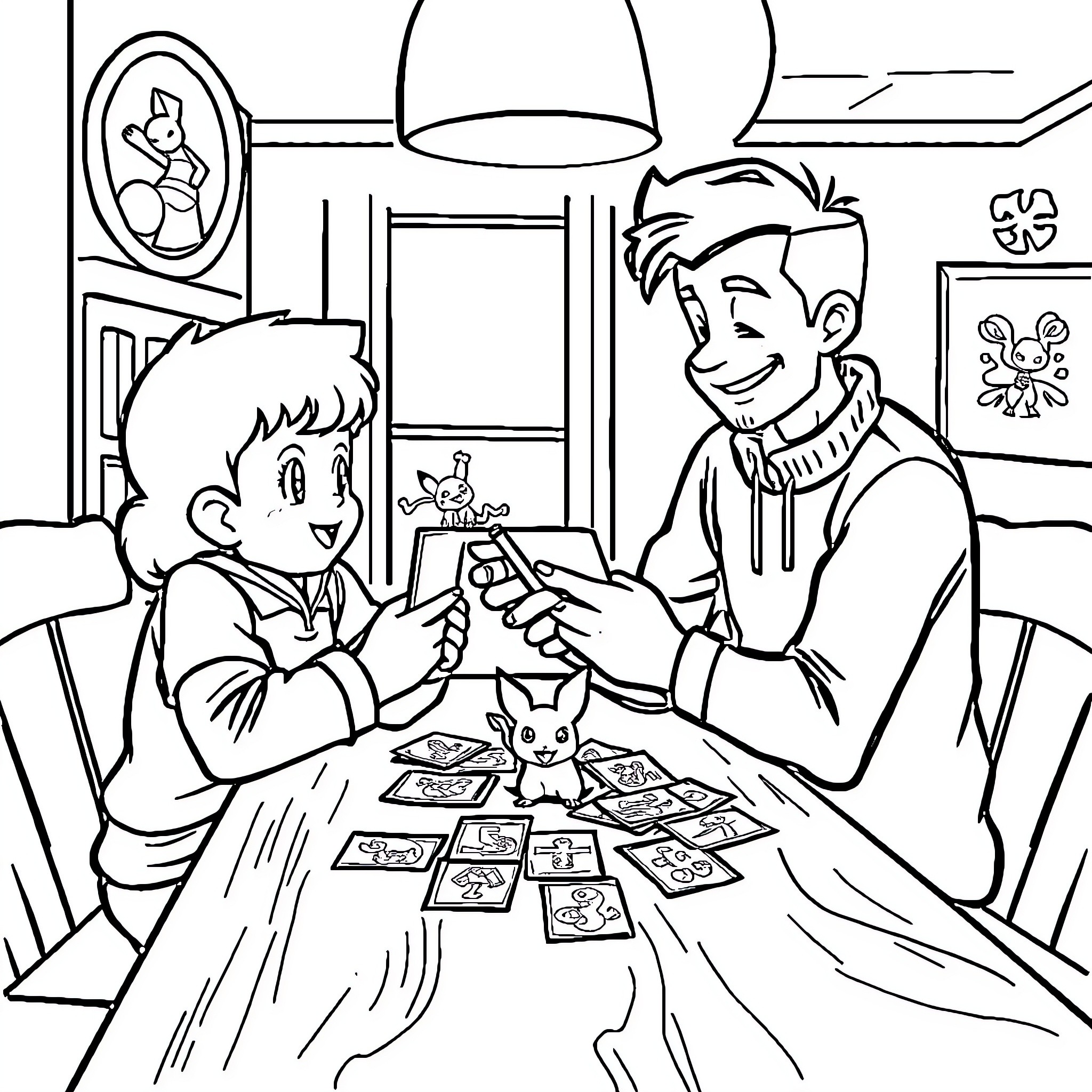 Pokémon Trading Cards Game Between Friends Coloring Page (free black-and-white line drawing printable PDF for all, from beginners to advanced learners, including children, teens, adults, and seniors)