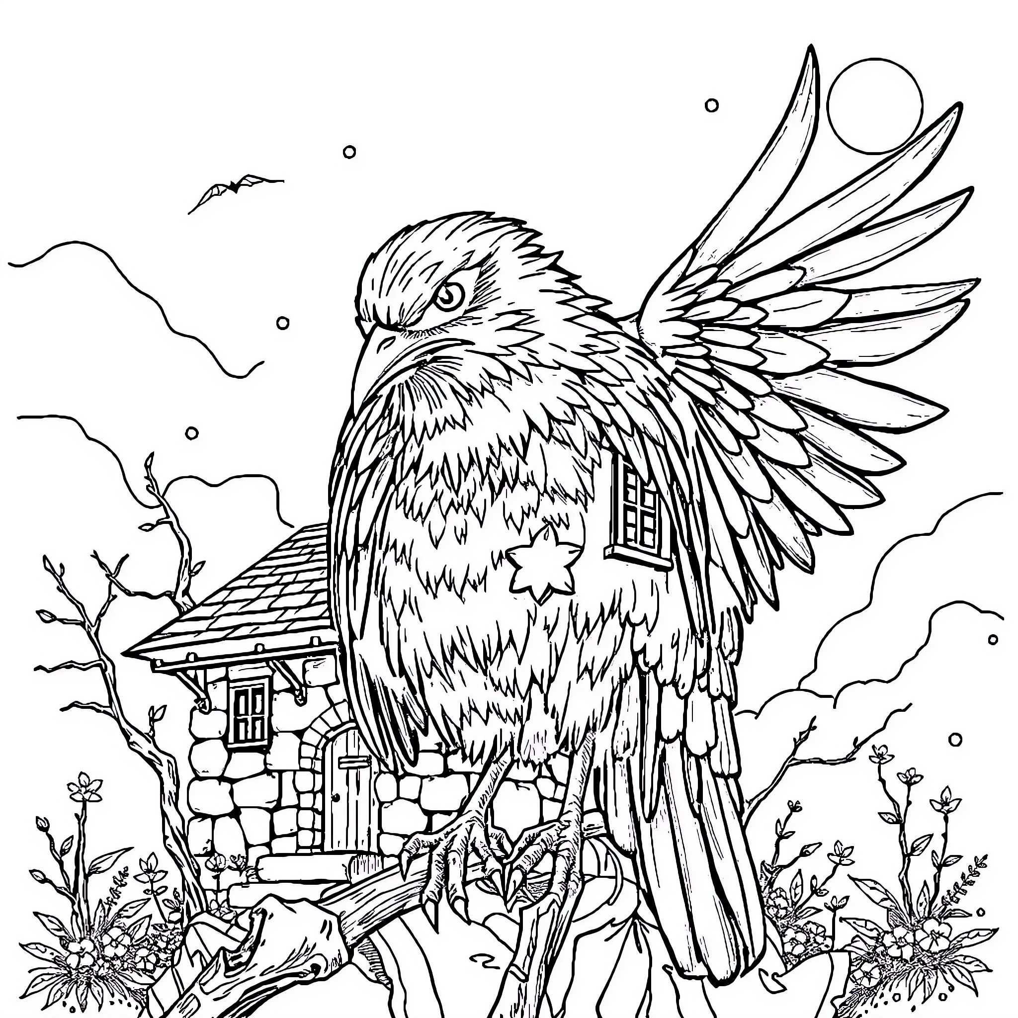 Cuervo's Magical Abode: A Winged Guardian Overlooking the Enchanting Scenery Coloring Page (free black-and-white line drawing printable PDF for all, from beginners to advanced learners, including children, teens, adults, and seniors)